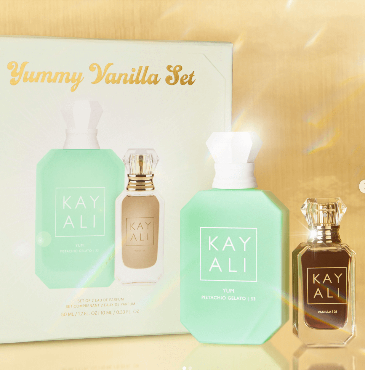 Kayali Yummy Vanilla set with the Pistachio Gelato perfume, and the mini Vanilla perfume