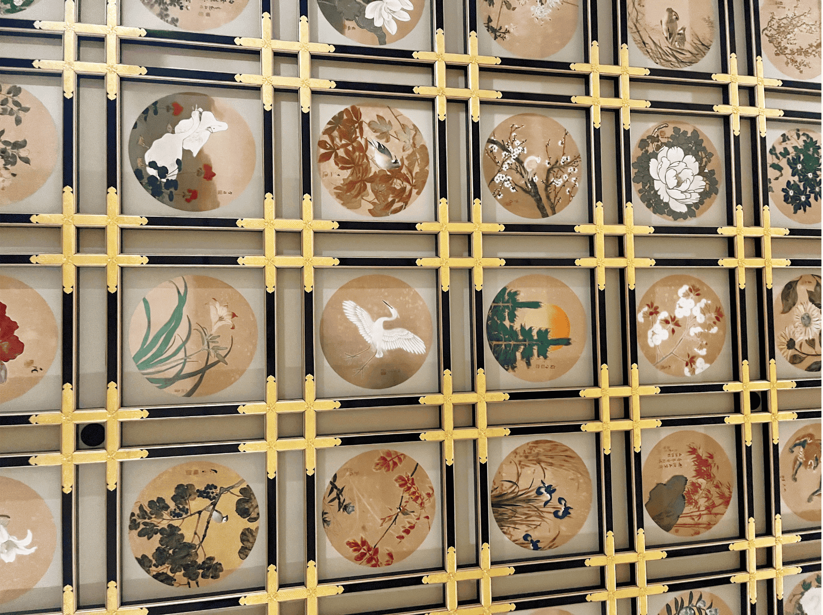 The ceiling of Shanshokaku hall features 230 paintings of Japanese flora and fauna in Fukui Japan
