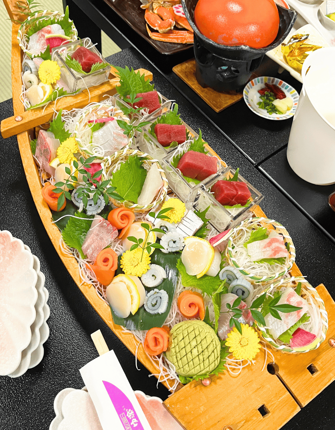 A boatload of fresh seafood sashimi accompanied our crab dinner at Yuraku