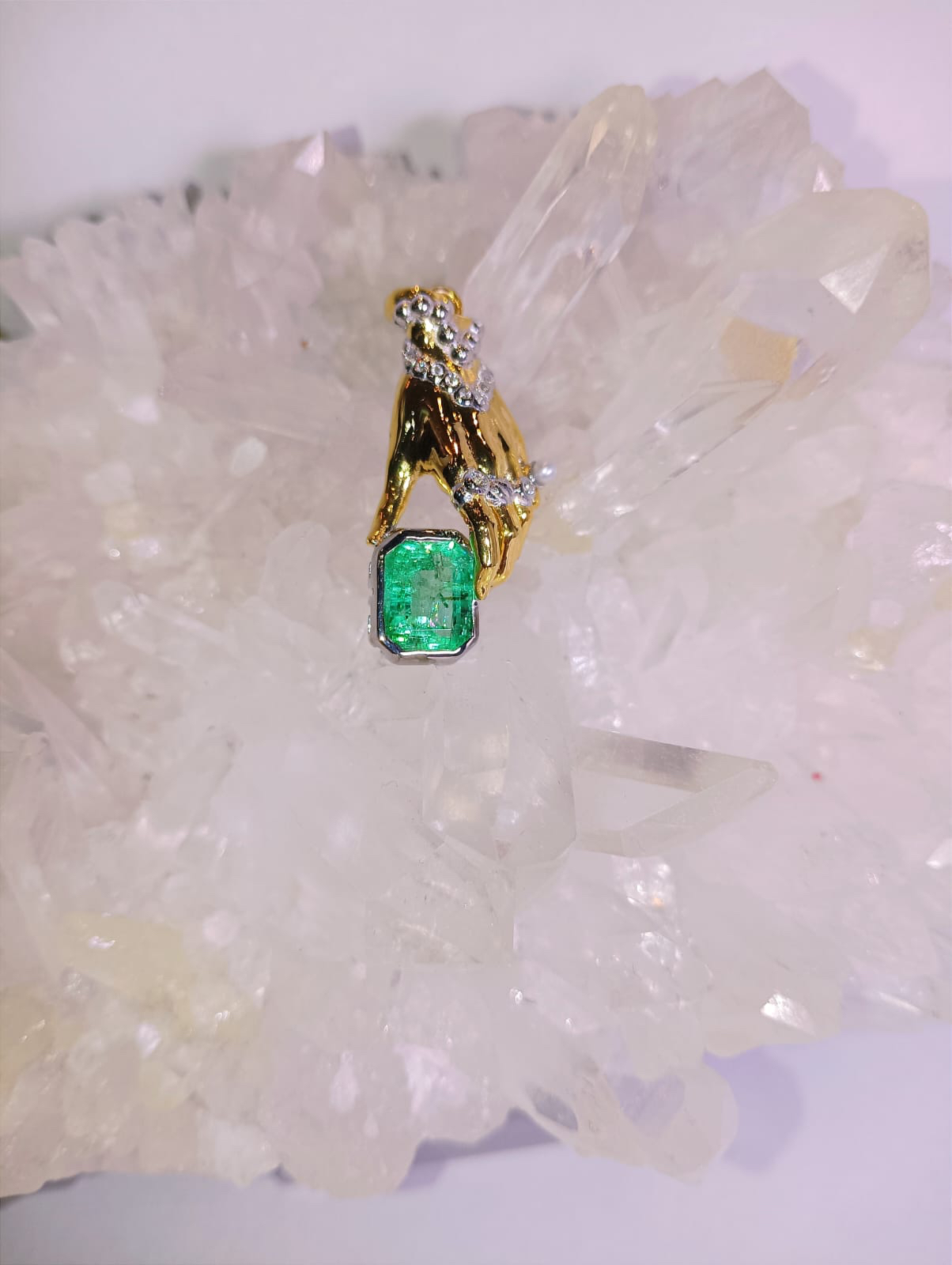 Hand pendant in yellow gold silver with green emerald 2.78cts and diamonds 0.13cts by Janina Dizon