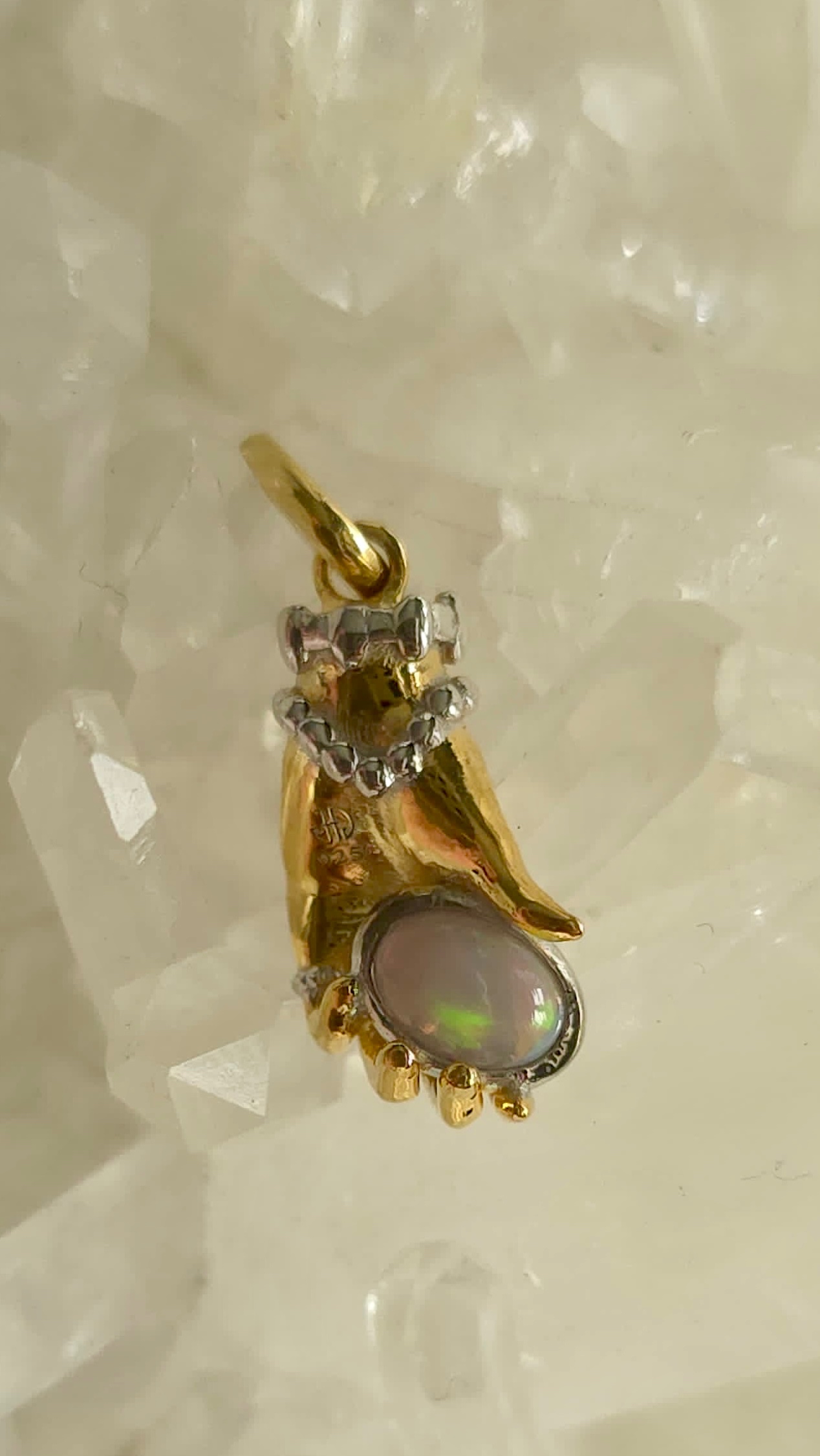 Hand pendant with Ethiopian opal cabochon 0.28cts in yellow silver with diamonds 0.01cts by Janina Dizon