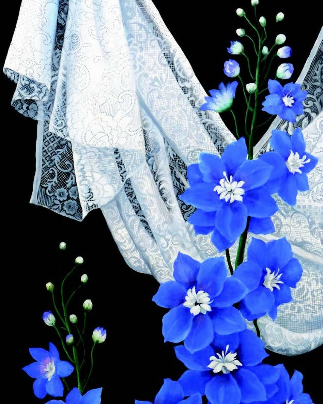 “Blue Delphiniums” (1994, acrylic on canvas)