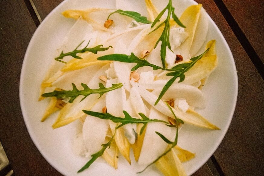 Endive Salad; Mushroom Pizza; Rigatoni Carbonara; and Mascarpone Cheesecake