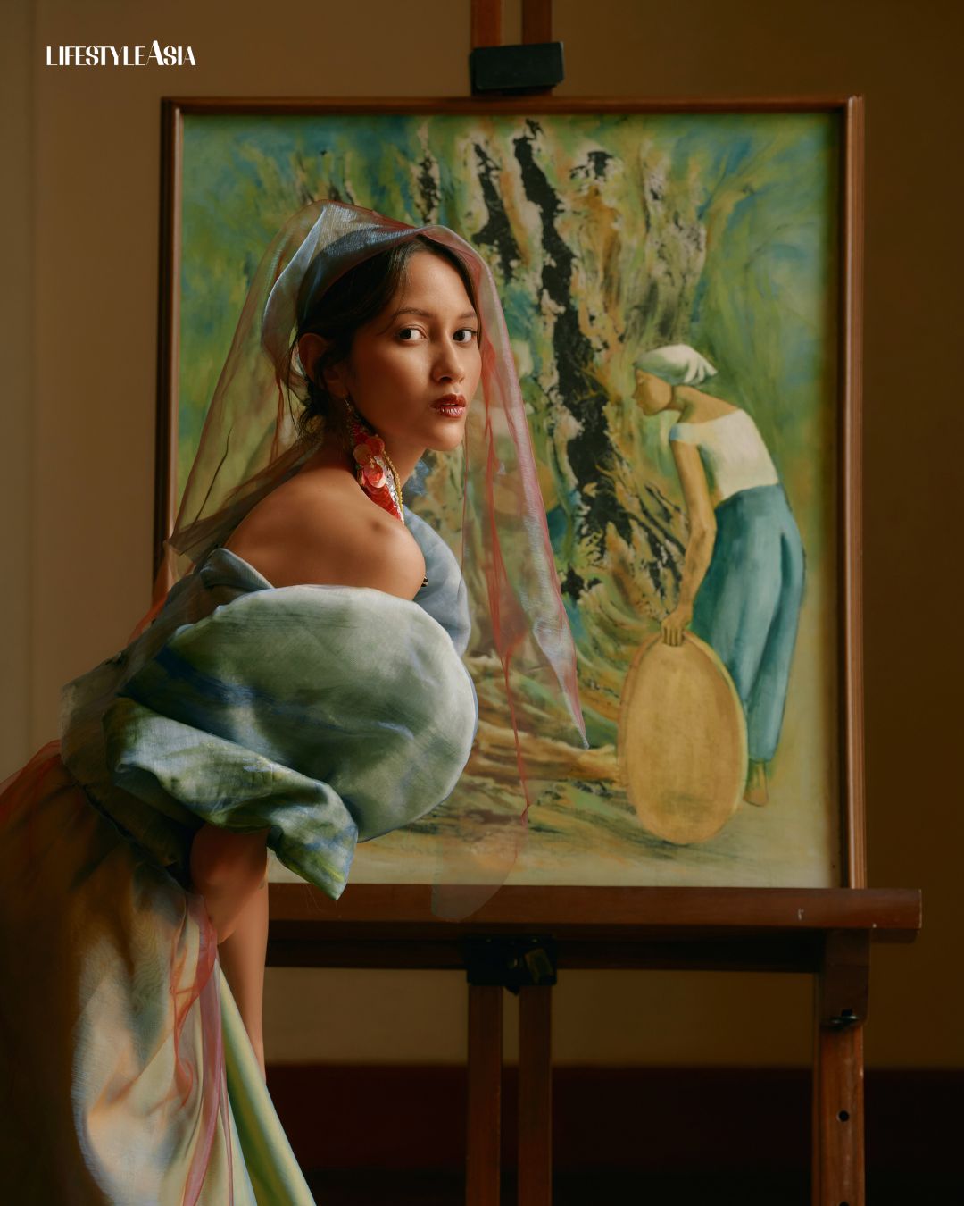 “Three Women with Baskets” (1976) by Anita Magsaysay-Ho, from the collection of the Cultural Center of the Philippines; Terno by Yssa Inumerable, Pacita Longos (Gold) awardee of TernoCon 2023, inspired by the strength of Filipino women captured by Magsaysay-Ho