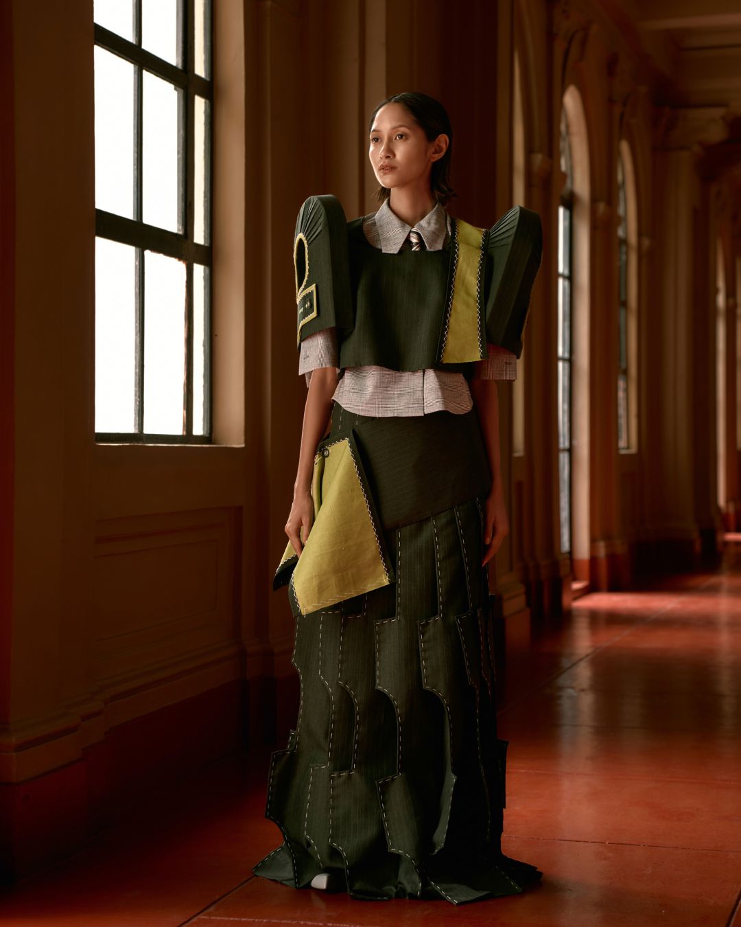 Terno by Peach Garde, Pacita Longos (Gold) awardee, inspired by the architectural brilliance of Leandro Locsin; The brutalist inspiration contrasts with the neoclassical halls of the National Museum