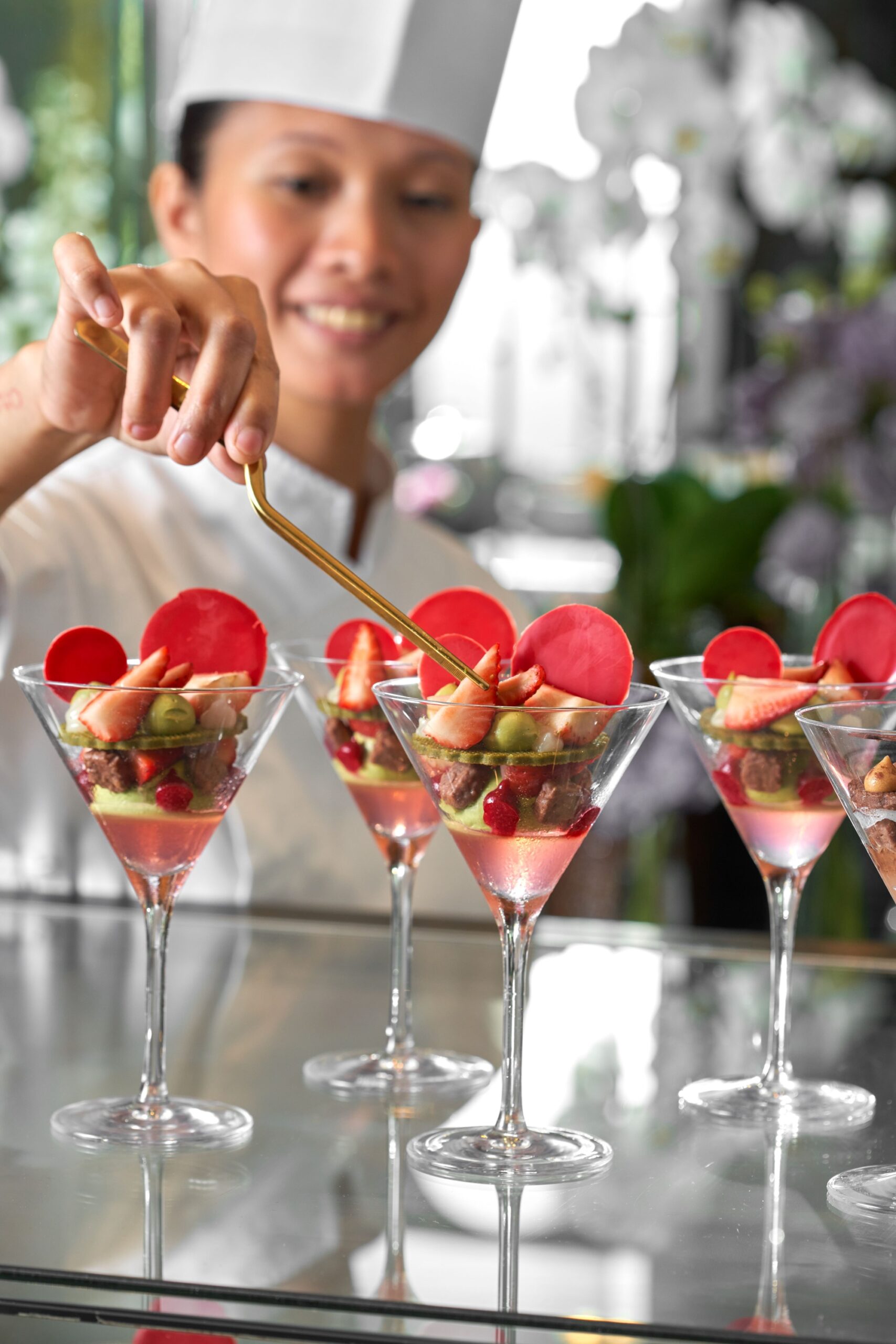 Cherry Blossom and Strawberry Parfait with matcha sable, lychee, and strawberry espuma