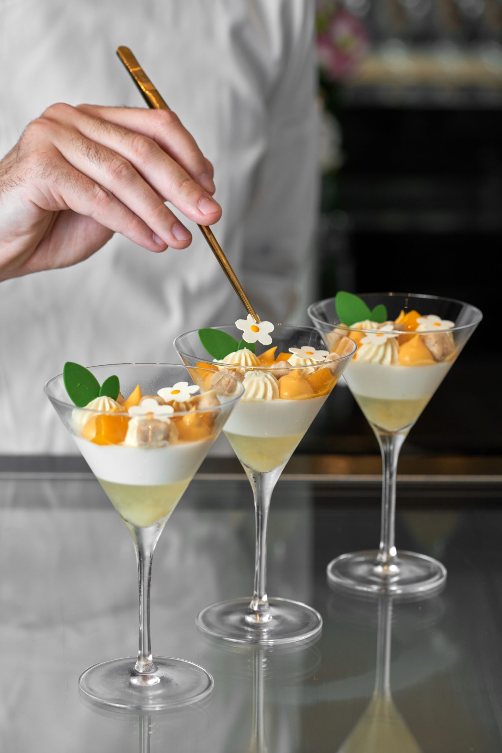 Mango Coconut Parfait with mango compote, coconut whipped ganache, and streusel