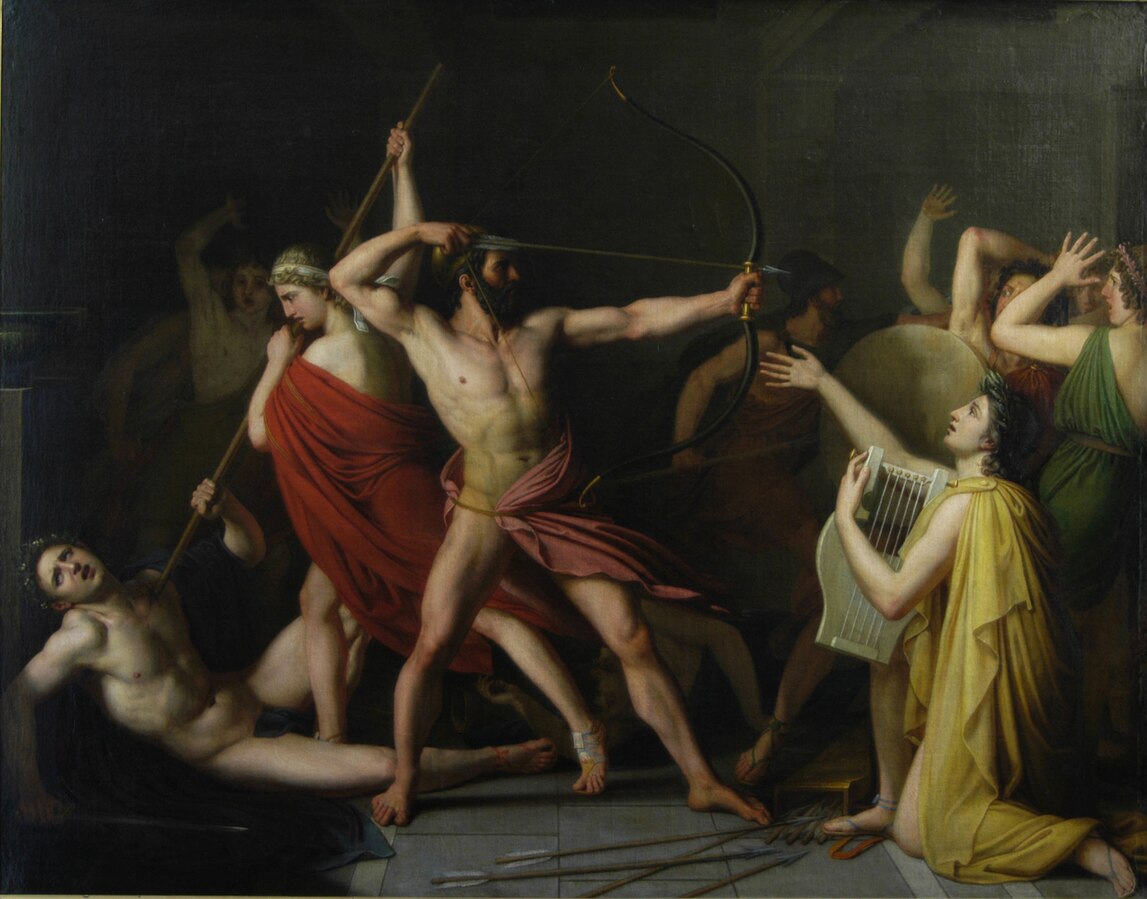 A Thomas Degeorge painting depicting Book 22 of The Odyssey in which Odysseus, Telemachus, Eumaeus, and Philoetius slaughter the suitors of Penelope