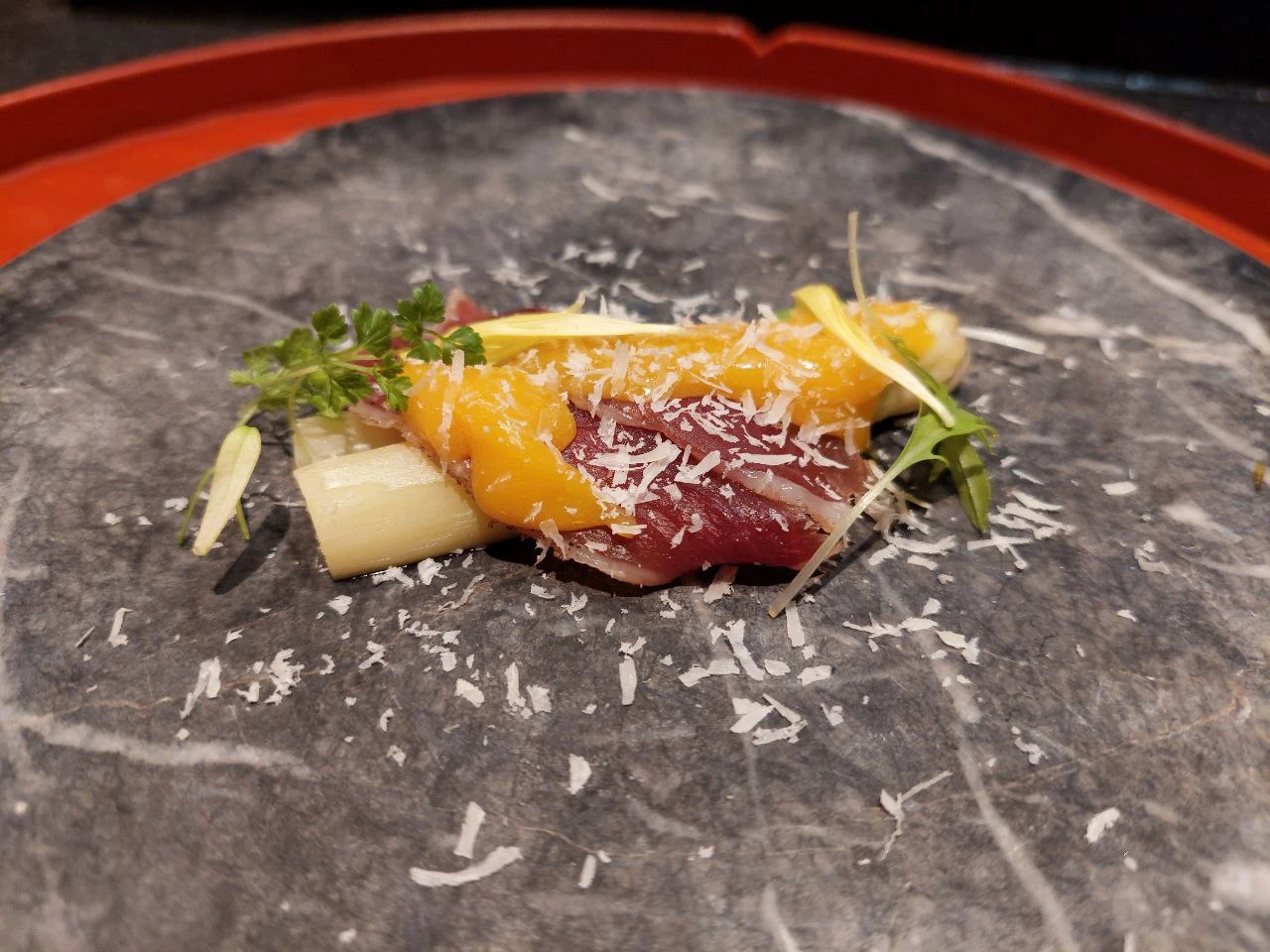 Sautéed seasonal Japanese white asparagus