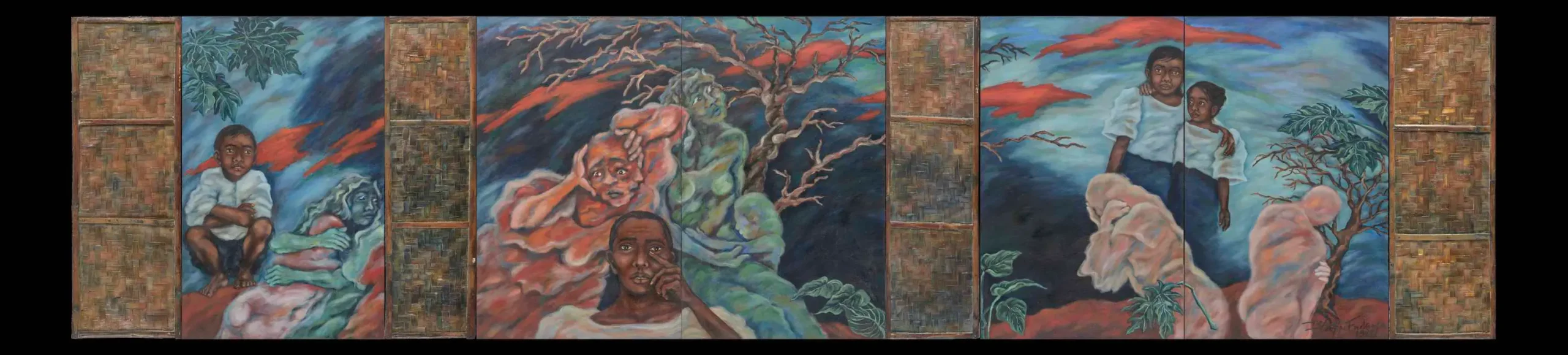 “May Bukas Pa, Inay” (There is Still a Tomorrow), 1982, oil on canvas and sawali panels Imelda Cajipe Endaya