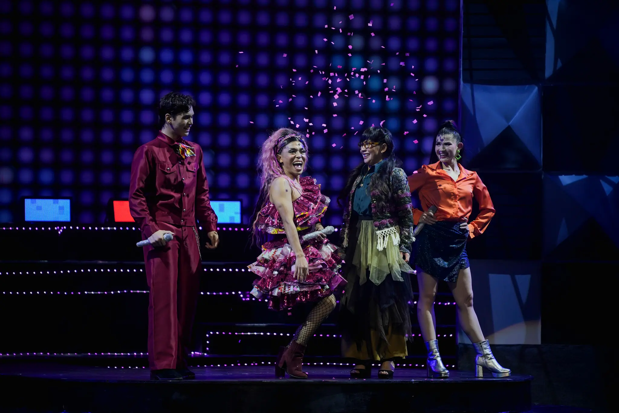 Top 4 contestants of singing competition Idols of the Galaxy played by Omar Uddin as Raymond, Phi Palmos as Delia, Shaira Opsimar as Kiki, and Chaye Mogg as Phoebe