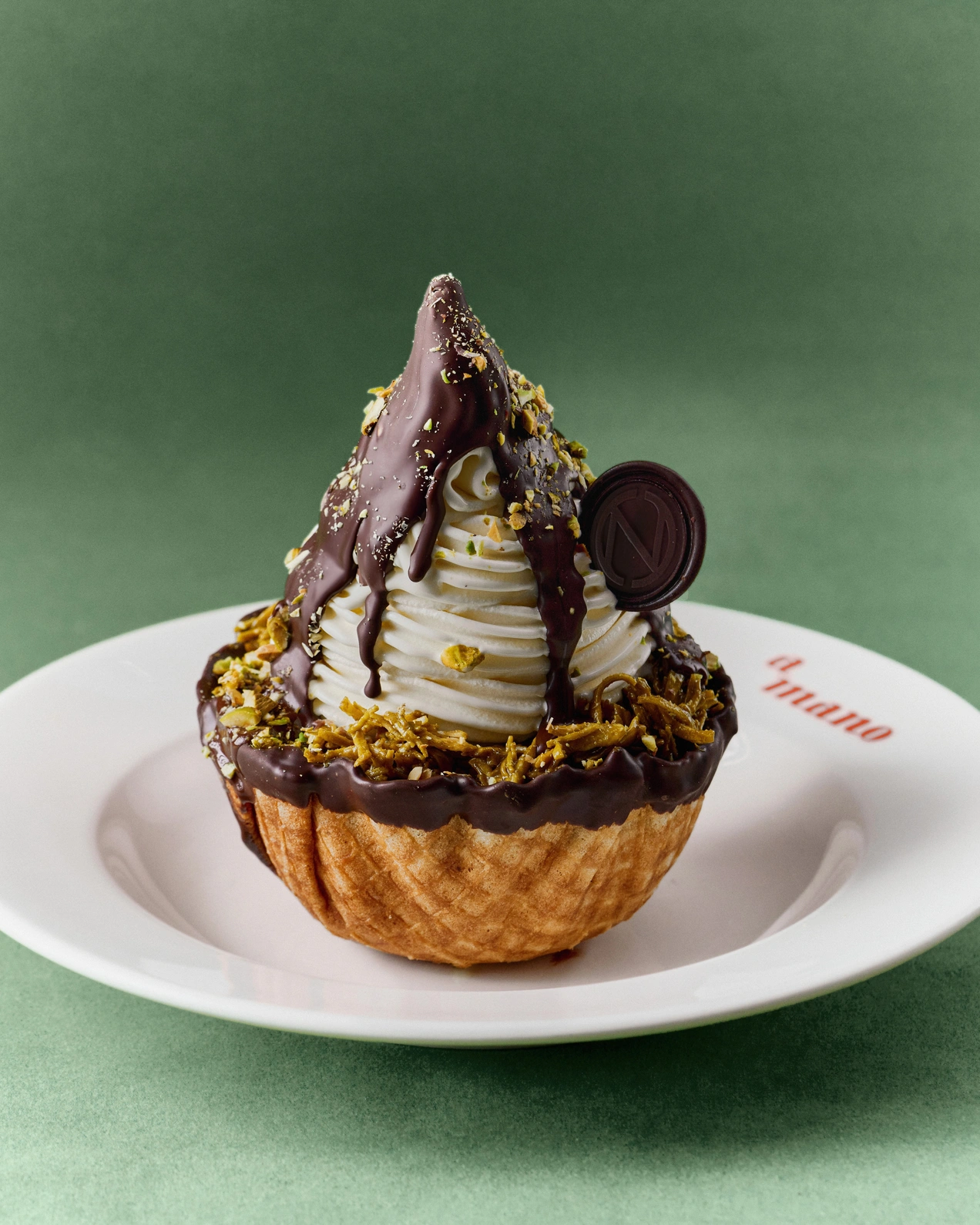 A mano's burrata gelato soft serve with a pistachio chocolate twist