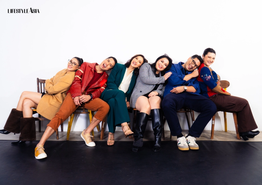 Cast members from Come From Away: Carla Guevara Laforteza, Topper Fabregas, Menchu Lauchengco-Yulo, Mikkie Bradshaw-Volante, Gian Magdangal, and Becca Coates