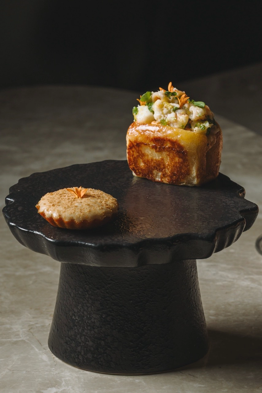 Amuse Bouche (Guyabano Cloud and Prawn Butter Brioche); Blue Crab Ice Cream Sandwich Taupe Dining Elements Menu