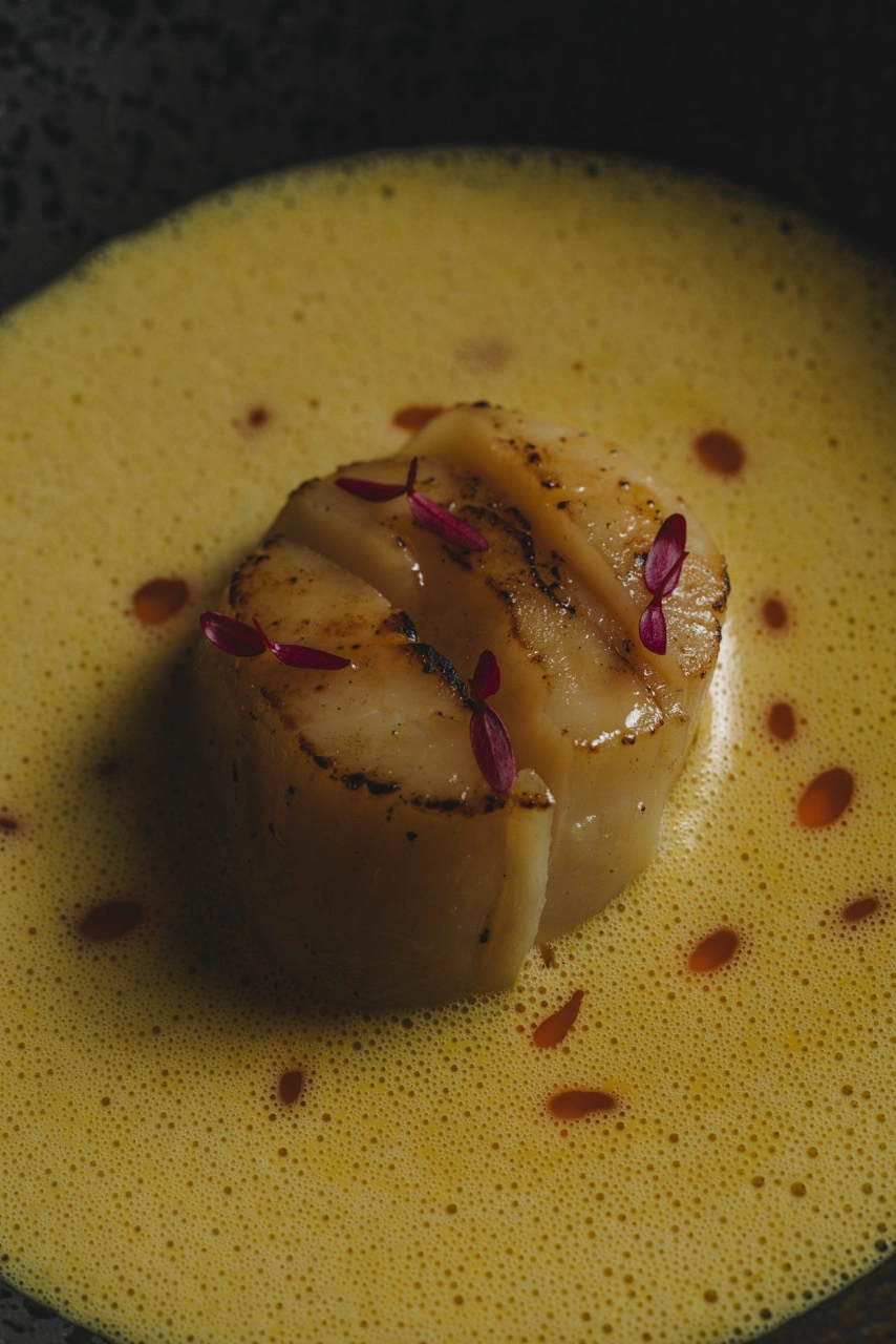 Hokkaido Scallops and Corn; Smoked Iberico Skewers Taupe Dining Elements Menu