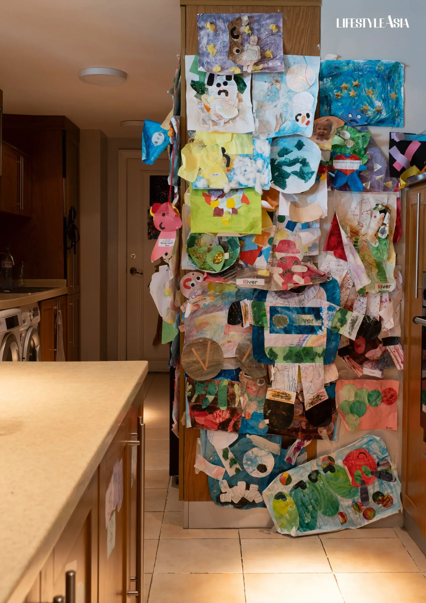 River’s artwork displayed in the family kitchen reveals her burgeoning creativity, a reflection of the artistic heritage she’s inheriting from her designer parents