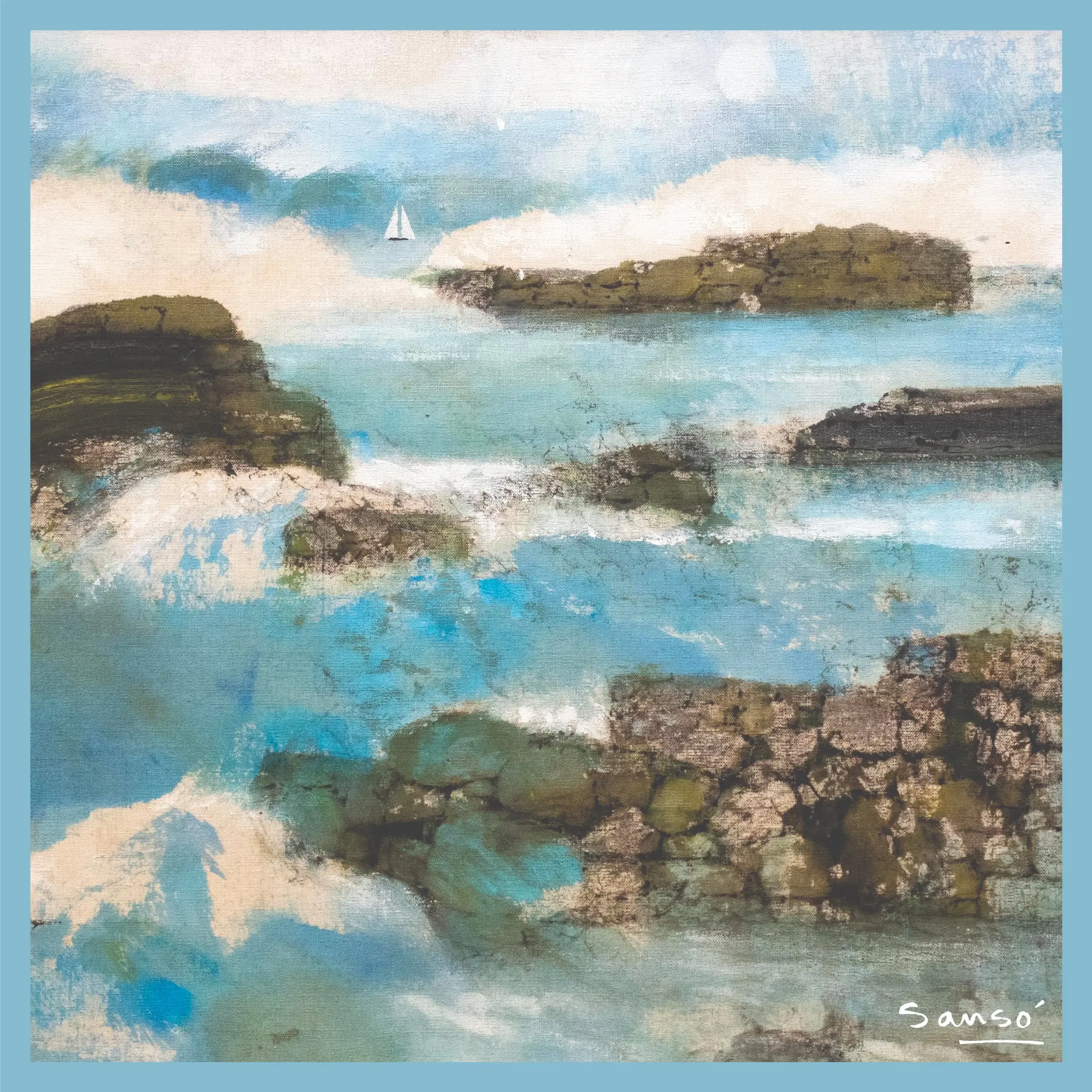 Fundacion Sansó's mulberry silk scarf designs featuring Sansó's works "Exulted in Surf and Rocks" and "Calm Sea Spray," in collaboration with Pure Culture