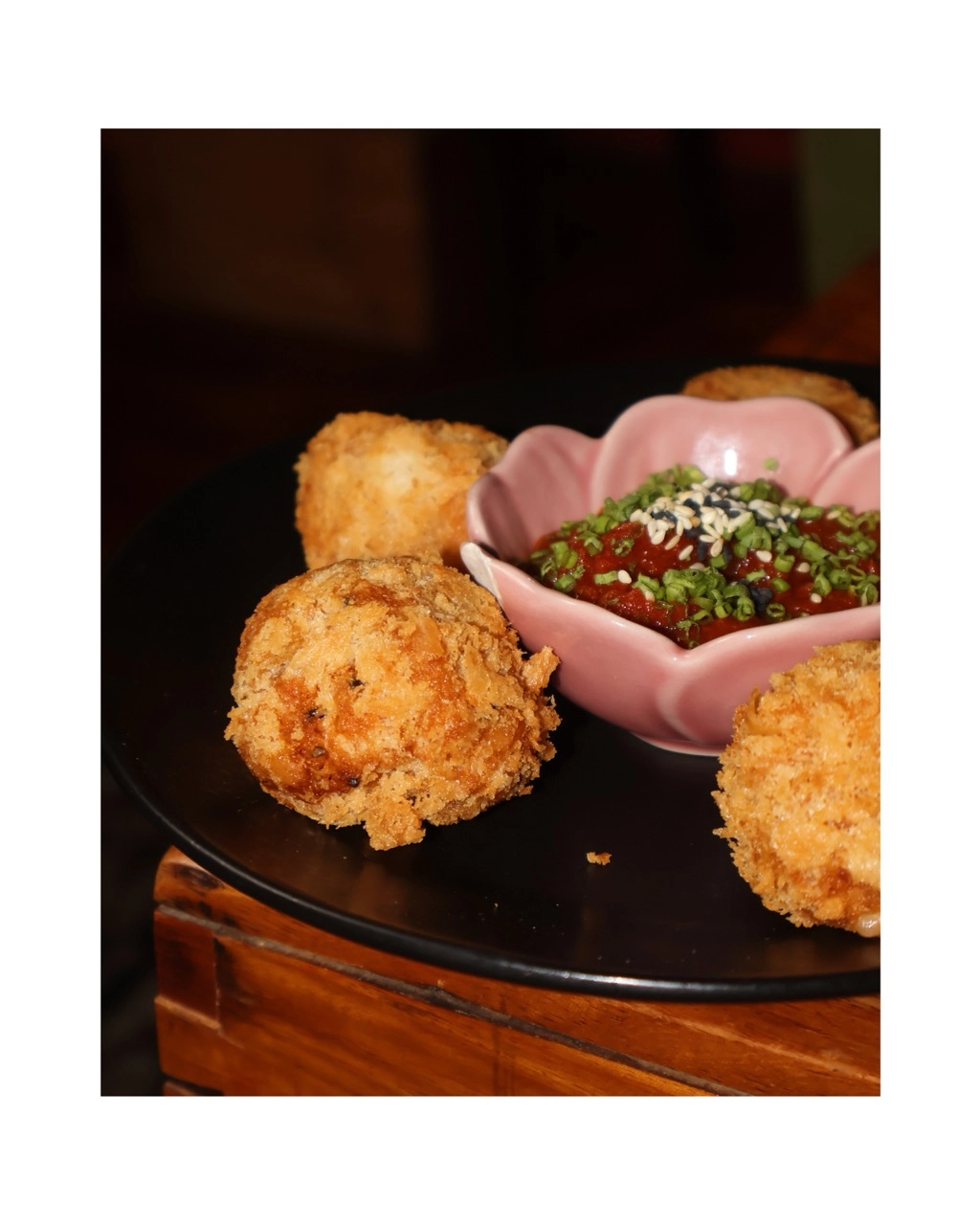 Dishes from La Vie En Rose's recent Supper Club collaboration with Chef Martin Laurel: Kimchi Bacon Mozzarella Croquettes; Mango Kinilaw; Gochu-Teriyaki Flank Steak and Kimchi Rice; Frozen Yogurt Mango Float July 2025 dining events