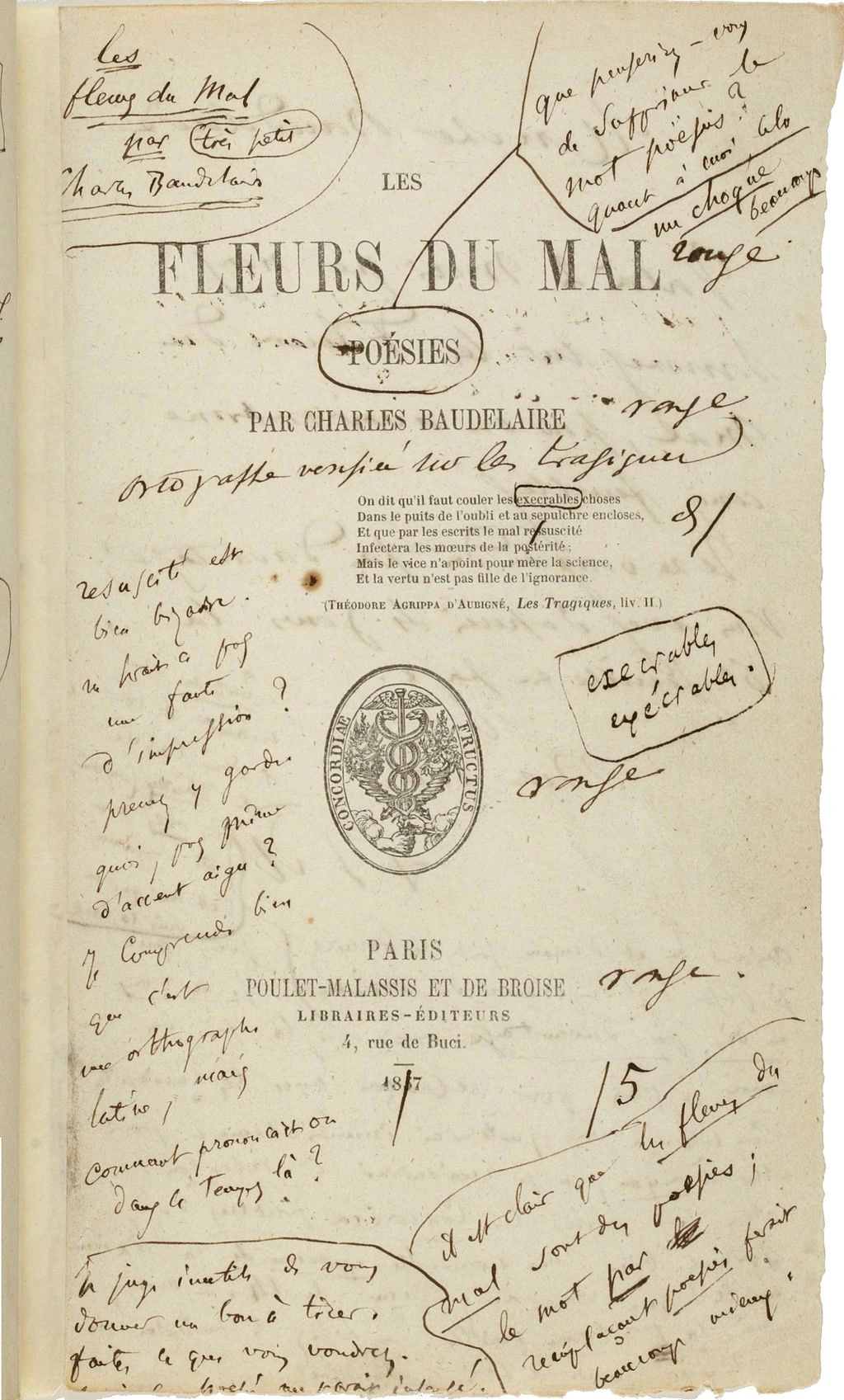 An annotated title page from the first edition of Les Fleurs du Mal by Charles Baudelaire 