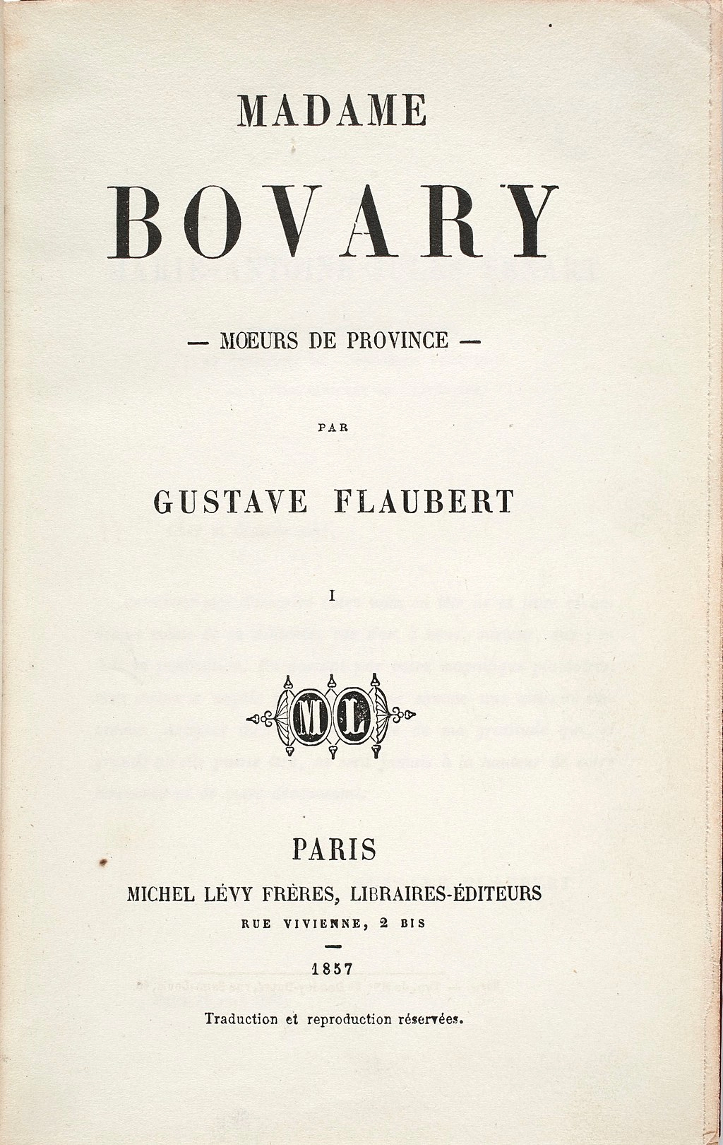 The first edition title page of Madame Bovary by Gustave Flaubert
