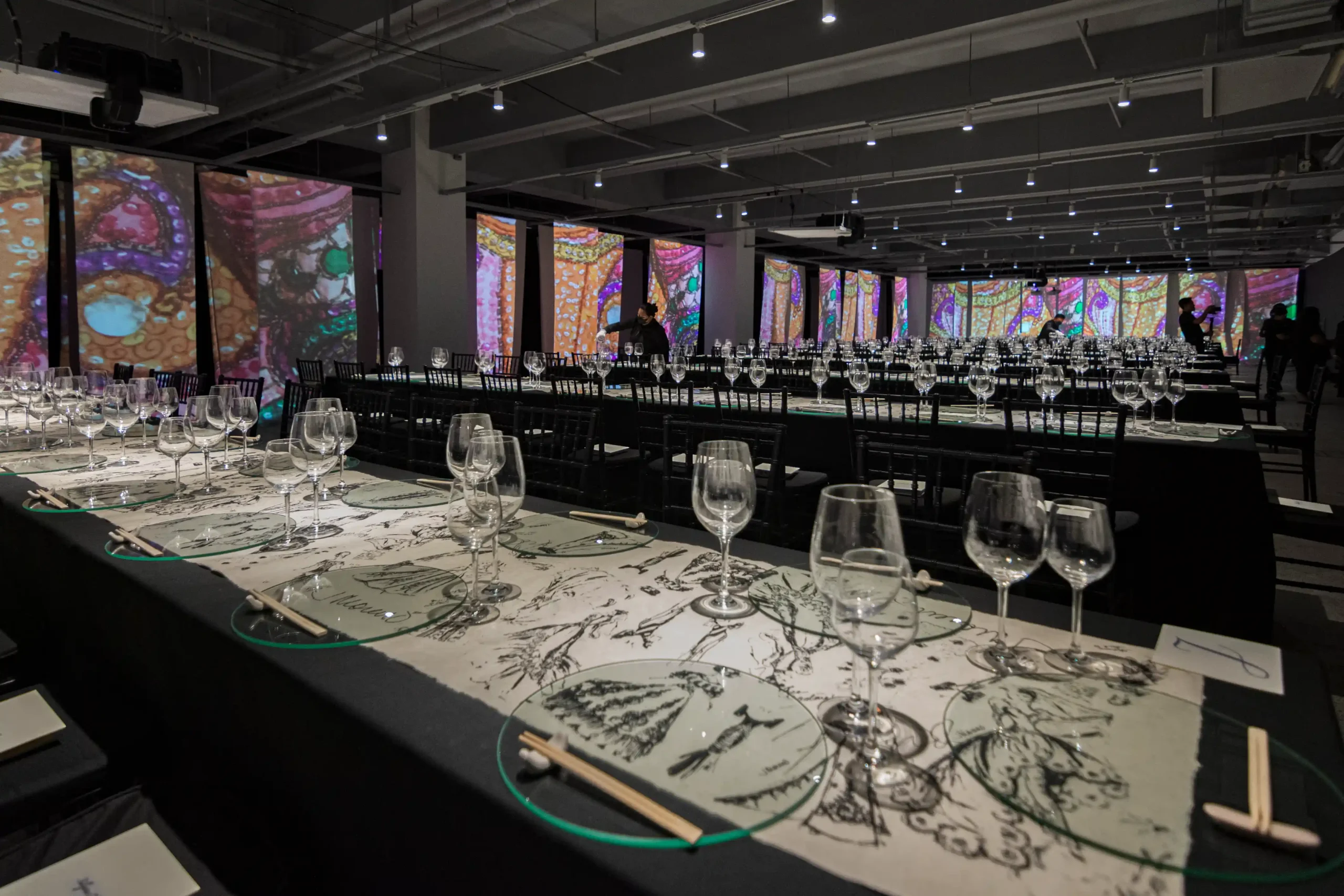 The entrance to the "Timeless: J. Moreno" exhibit at the M Museum; and the set-up of the "Remembering Pitoy" gala 