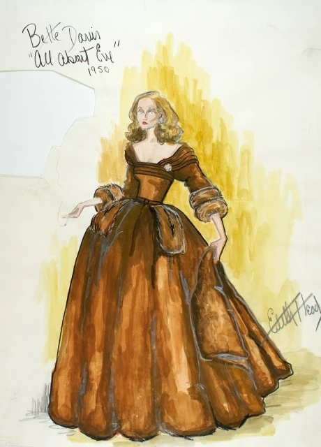 Bette Davis as Margot Channing in All About Eve, alongside a sketch by Edith Head, showing the updated gown