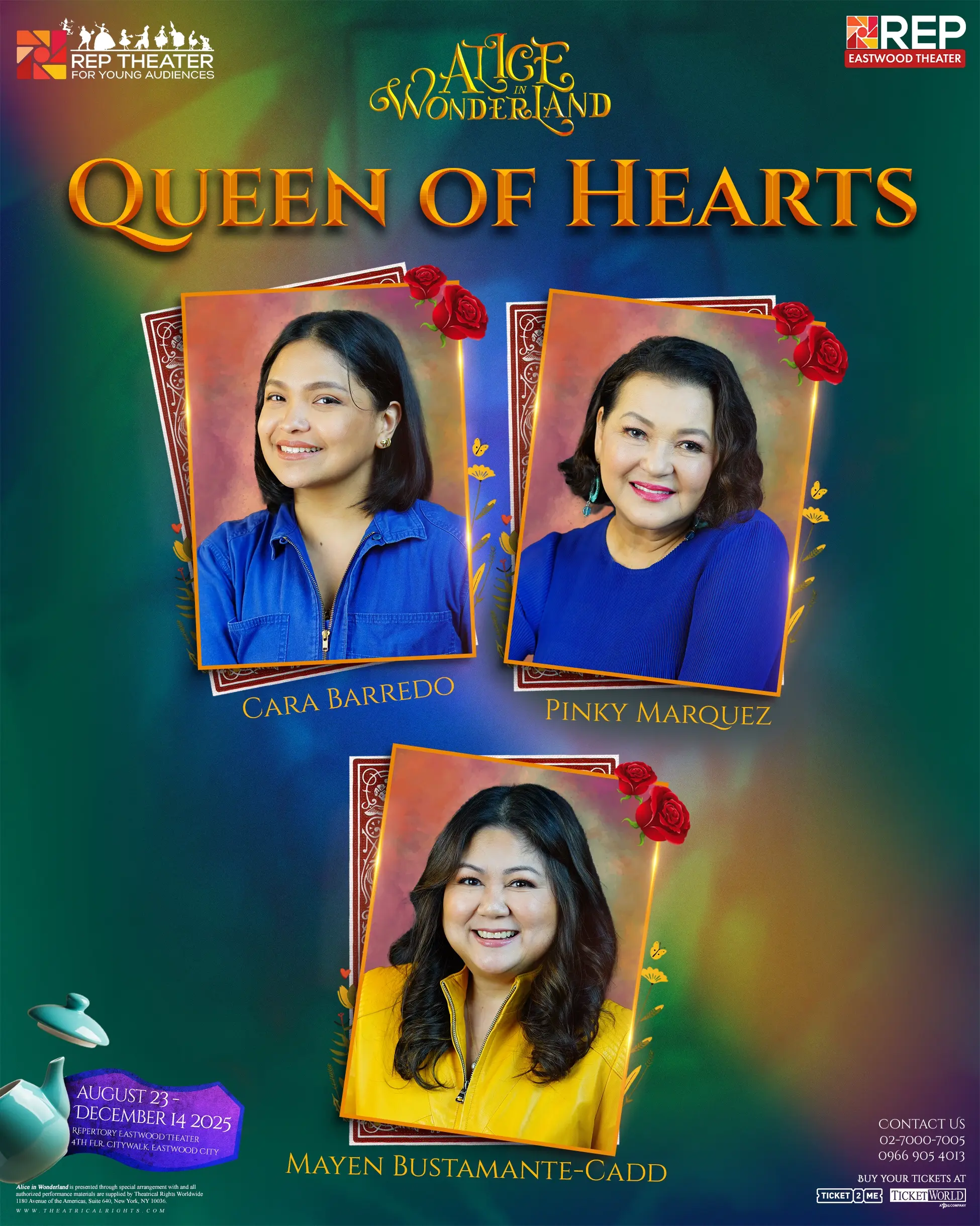 Some of the cast members playing Alice, White Rabbit, the Queen of Hearts, and Mad Hatter in the REP production of Alice in Wonderland