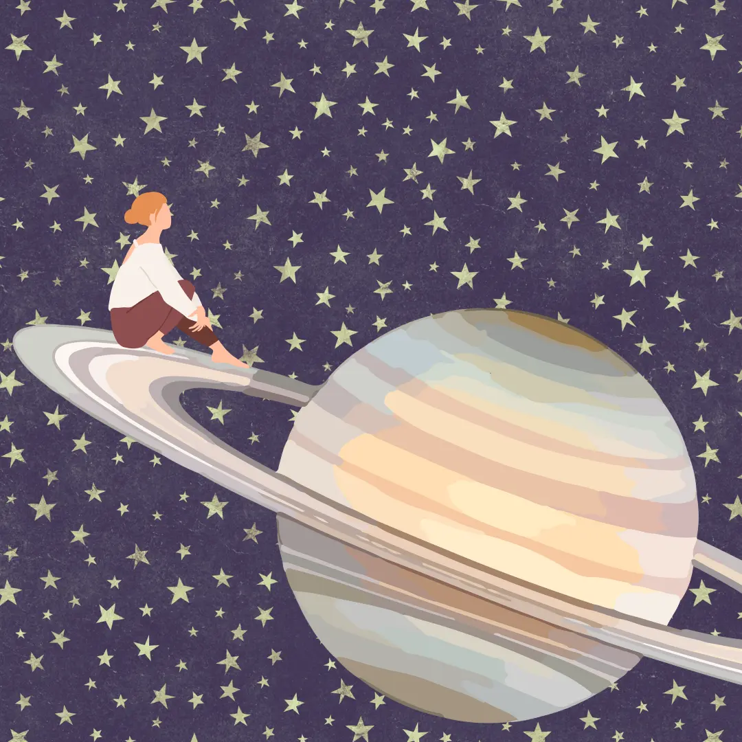 A woman sitting on the rings of Saturn