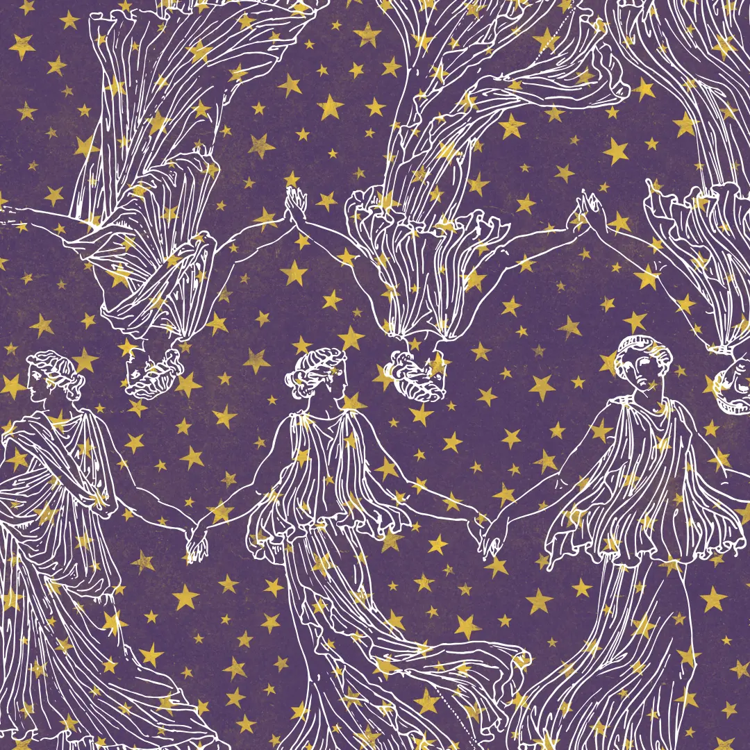 Ancient Greek-inspired women rendered over a starry background