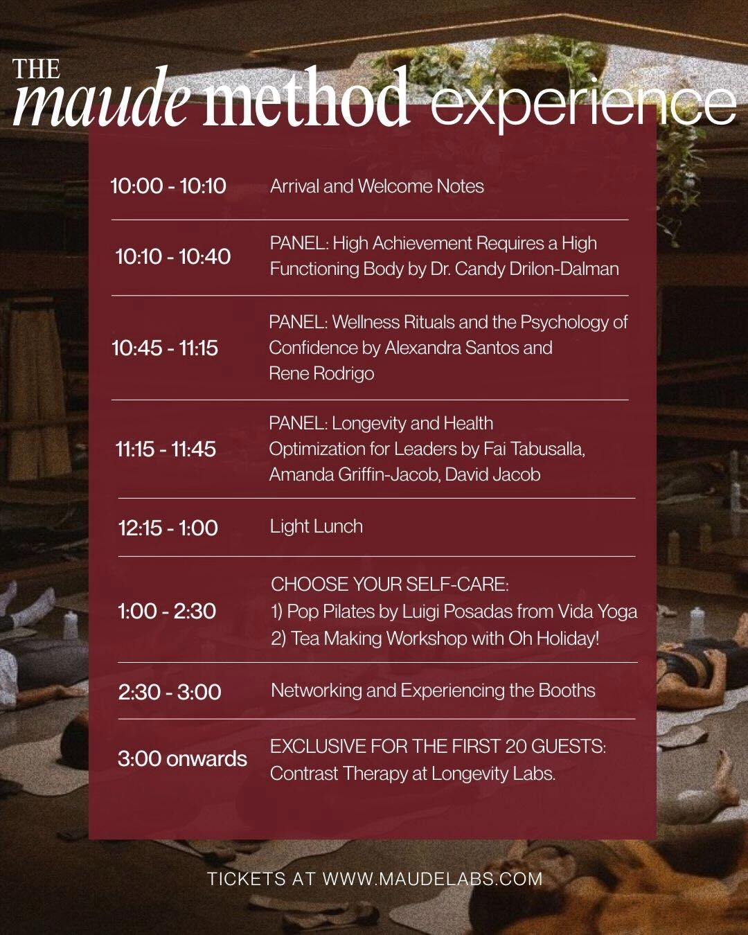 The Maude Method's official itinerary for March 28