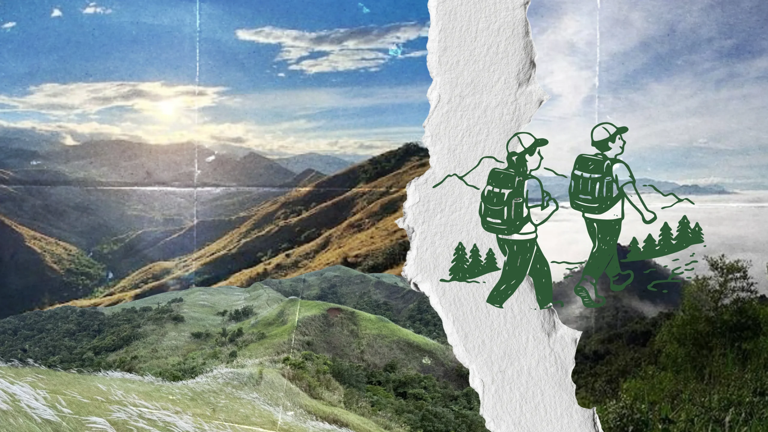 Panoramic mountain valley under blue sky with a torn-paper strip revealing two green-hued hikers in silhouette on the right while exploring the landscape.