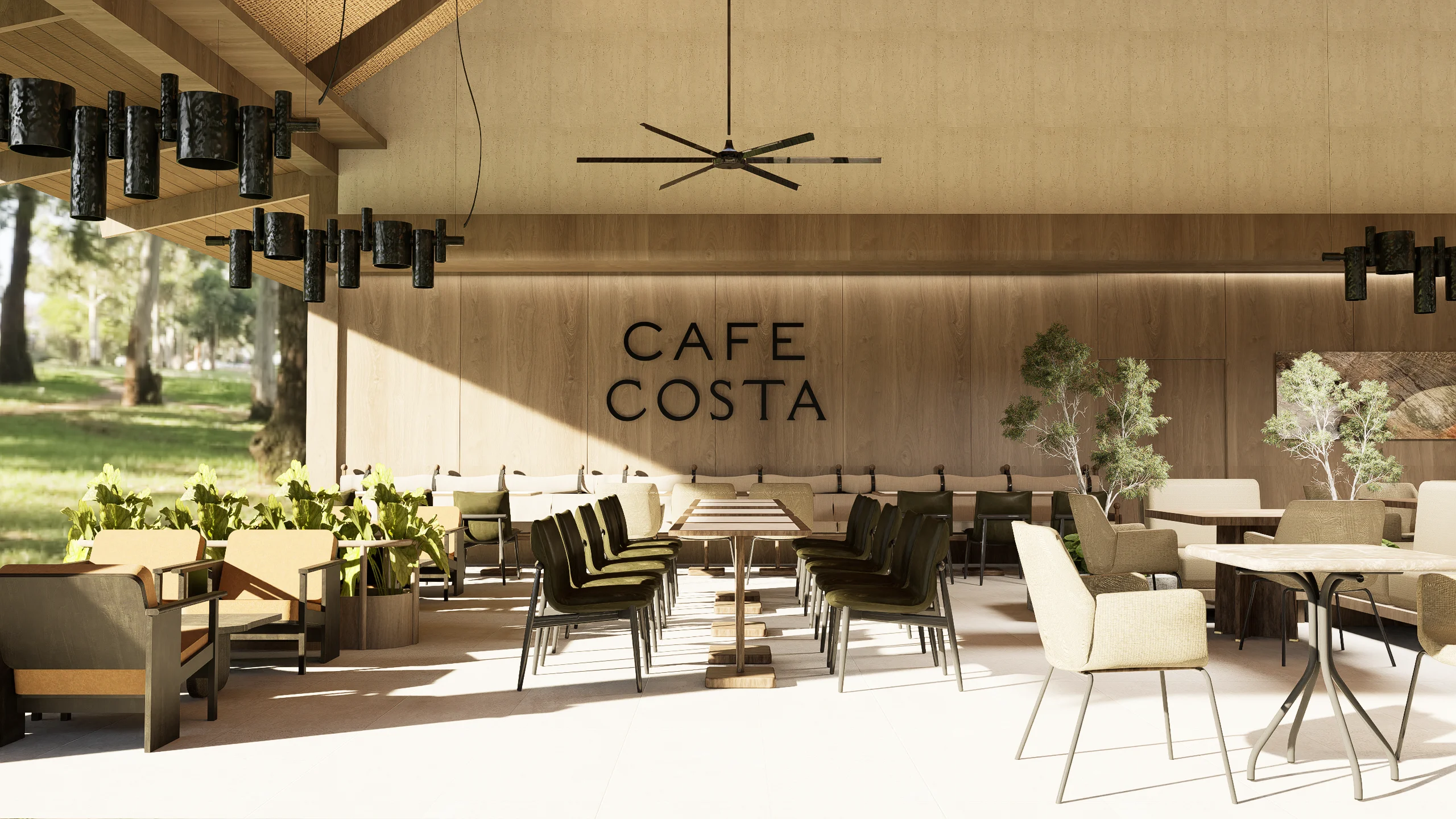 Interior of Cafe Costa with wooden walls, hanging lights, and seating for many guests; sign reads 'CAFE COSTA' on wall.