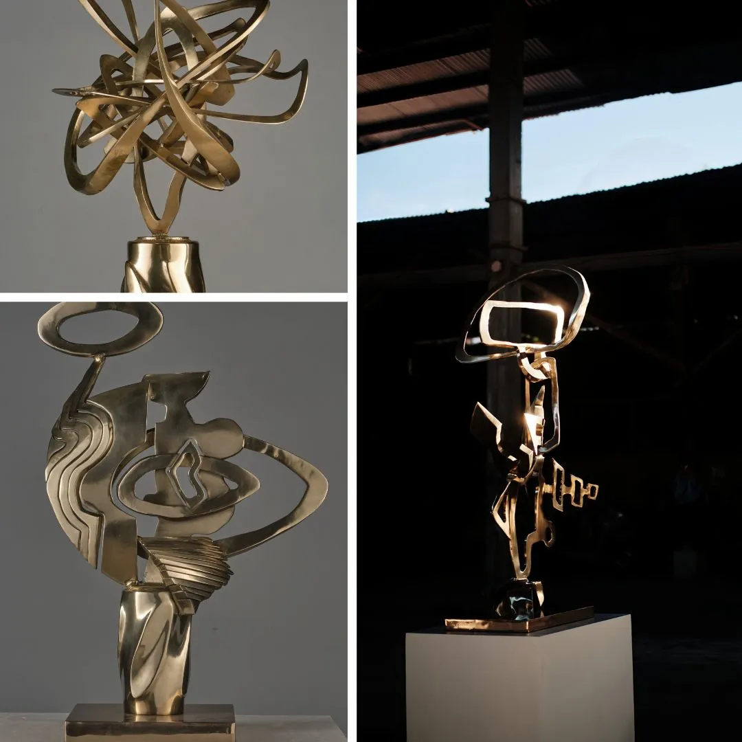 Collage of three gold-toned abstract metal sculptures with looping ribbons and geometric forms on bases.