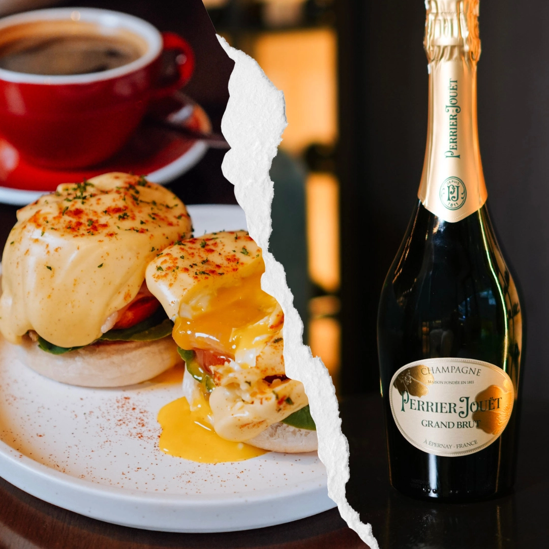 Left shows eggs Benedict with hollandaise on a plate and a cup of coffee; right shows a Perrier‑Jouët Grand Brut champagne bottle in a split image.