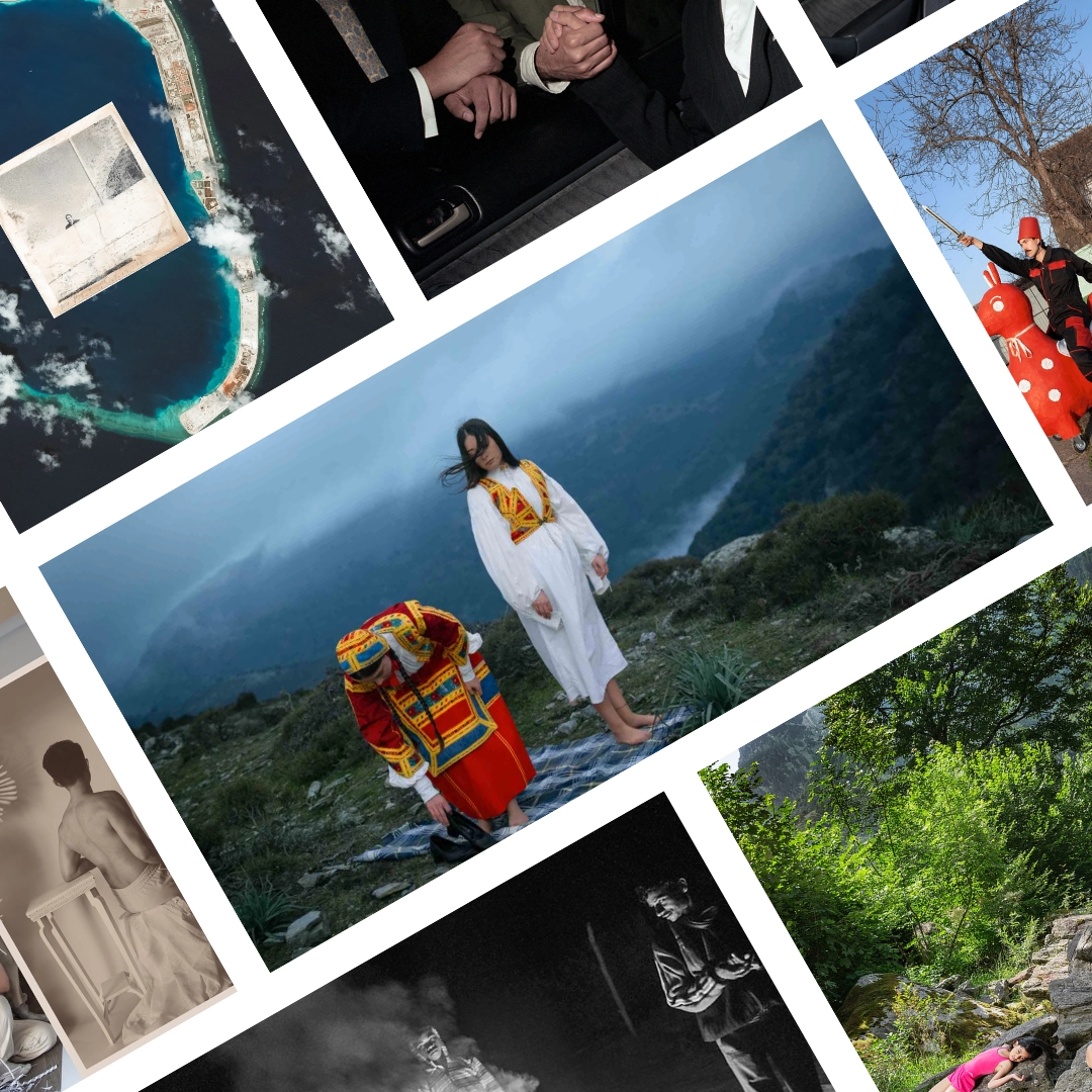 A collage of travel photos with a central image of two people in colorful traditional attire on a rocky hillside overlooking a canyon or sea.