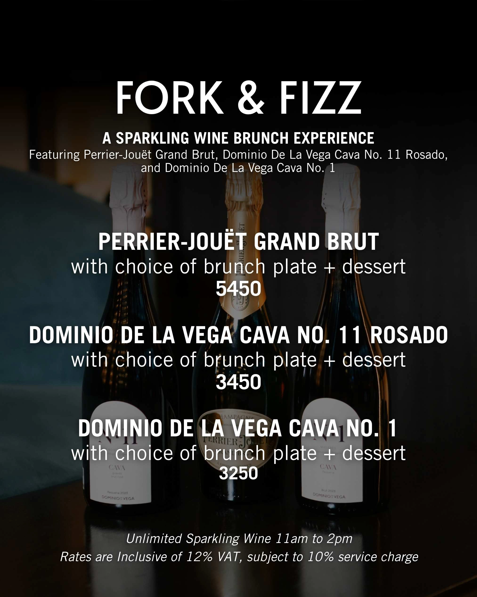 Promotional poster for Fork & Fizz wine brunch, listing three cava/champagne options with prices and 'unlimited sparkling wine 11am–2pm'.