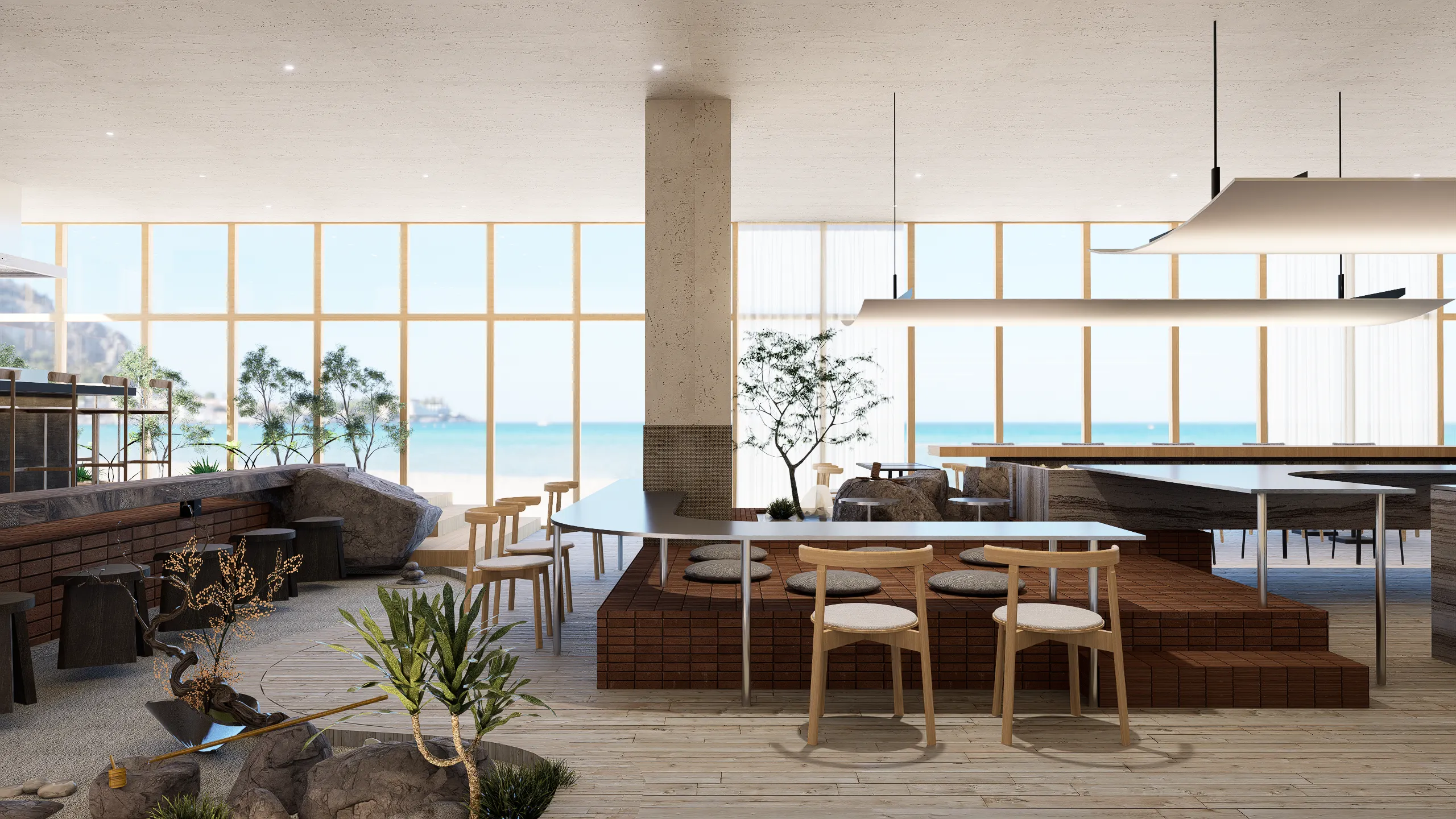Open-plan seaside cafe with floor-to-ceiling windows, wooden stools, and plants, overlooking the ocean.