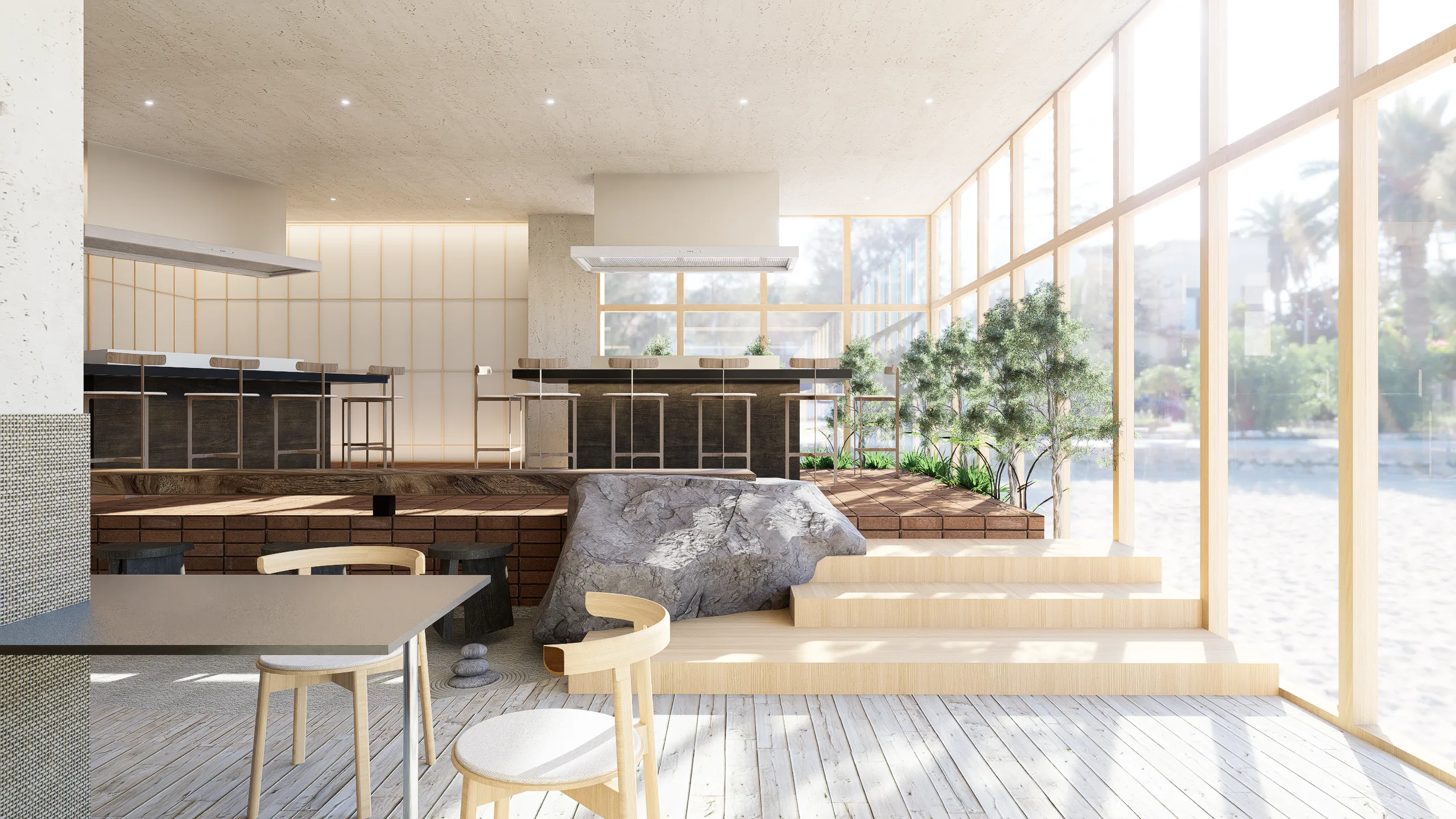 Bright, modern cafe interior with wooden furniture, large windows, and greenery overlooking water.