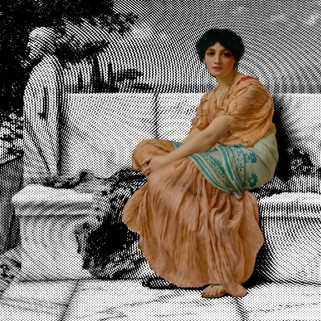 Woman in a peach dress with a teal embroidered shawl sits on a bench against a black-and-white halftone background.