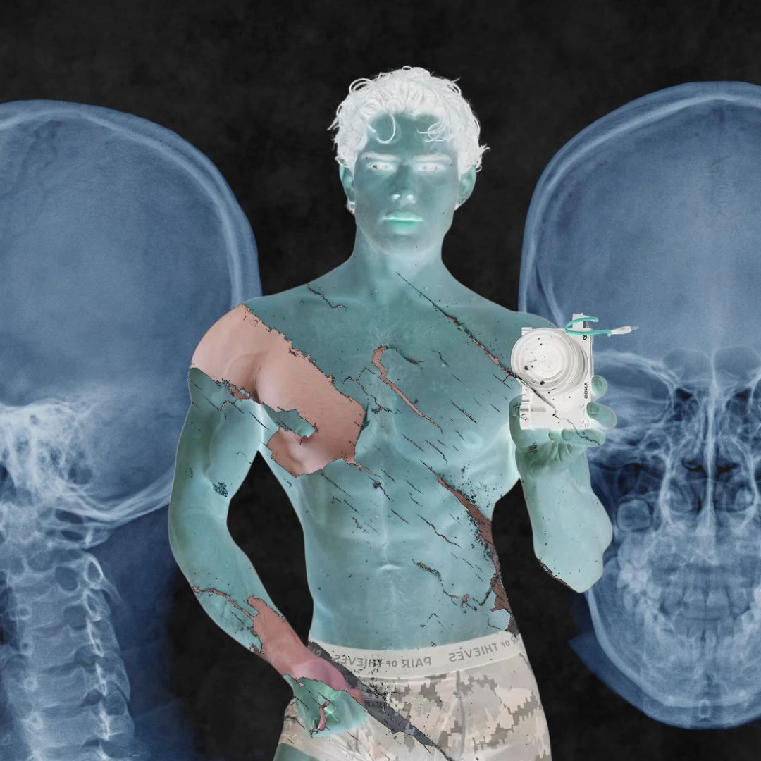 Stylized negative-color portrait of a shirtless man with cracked, mosaic-like skin patches, holding a medical device in his right hand, with x-ray–style backscreens behind him (art illustration).