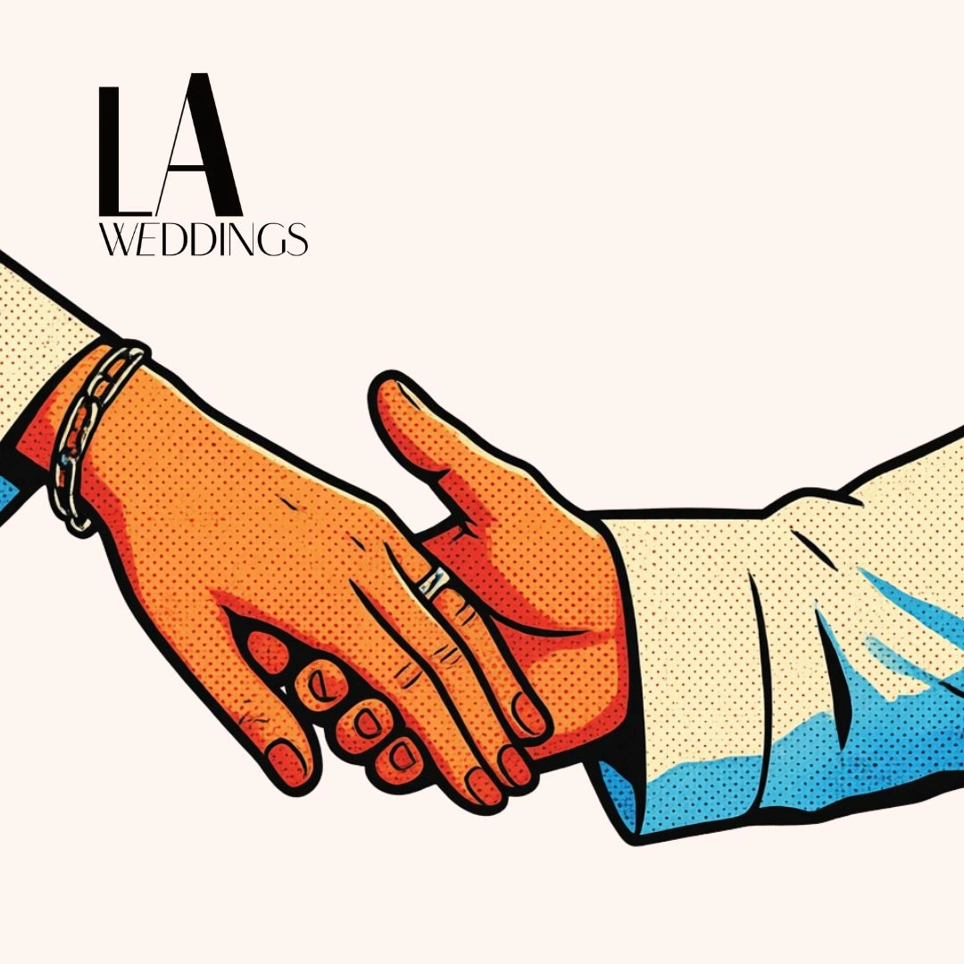 Two hands in a handshake in pop-art style, with the LA Weddings logo in the corner to indicate a partnership or agreement.