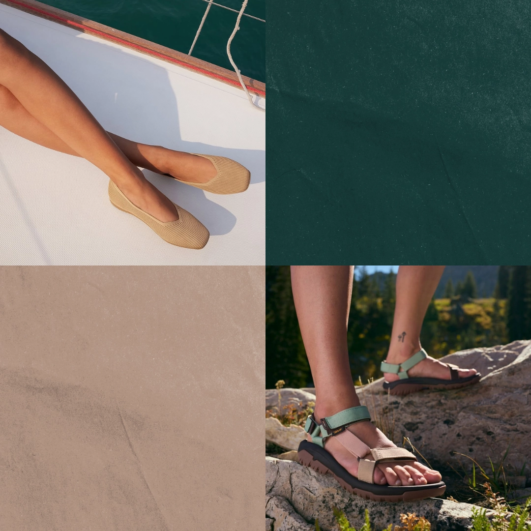 Beige knit flats resting on a white boat deck with a rope nearby, top-left panel.