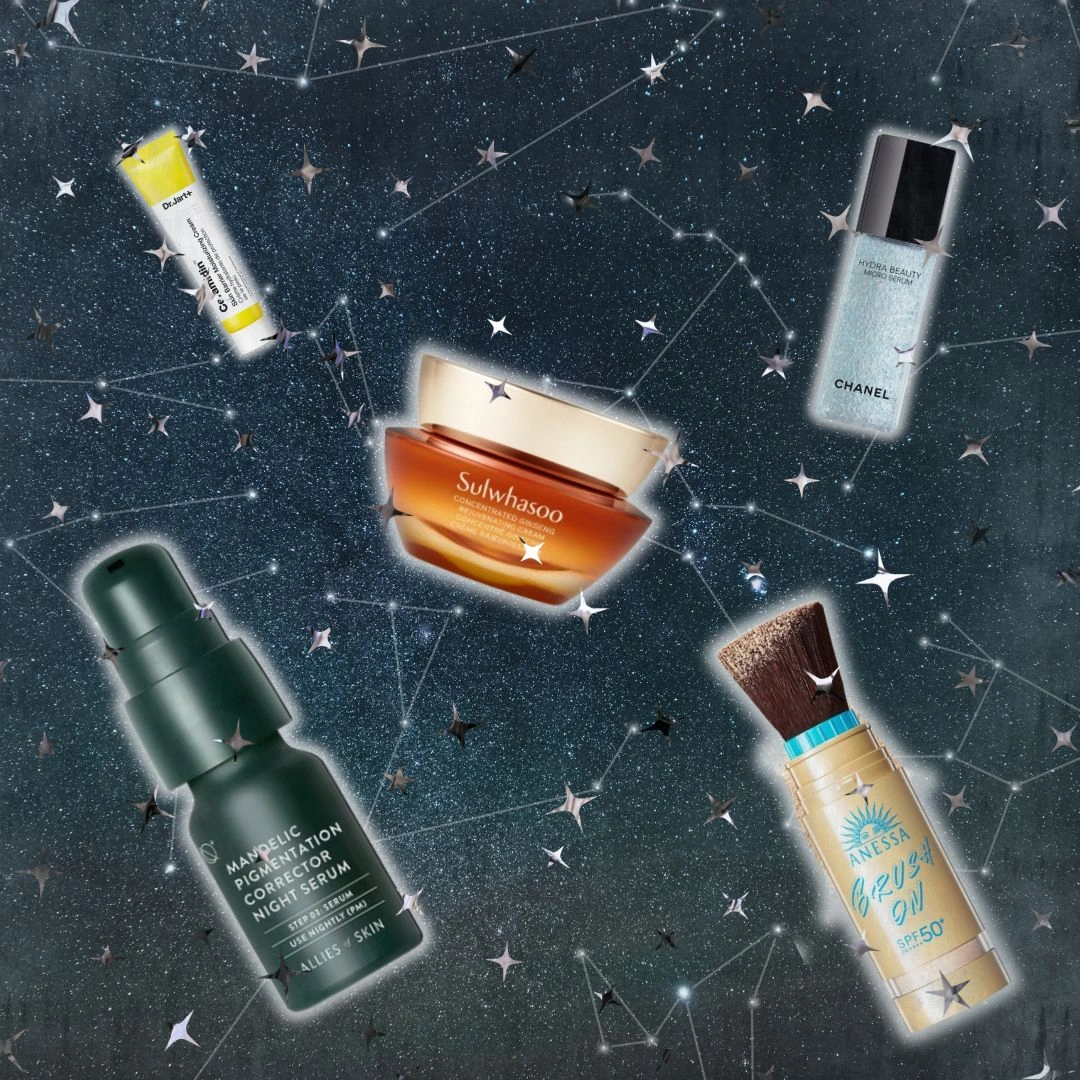 Skincare lineup orbiting a starry sky: Sulwhasoo jar, Chanel Hydra serum, Dr. Jart+ tube, Anessa sunscreen, and a green night serum.