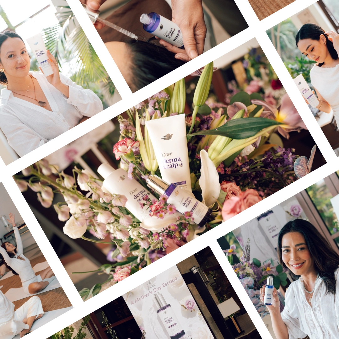 Promotional collage showing Dove DermaScalp hair care products arranged among pink flowers and greenery.