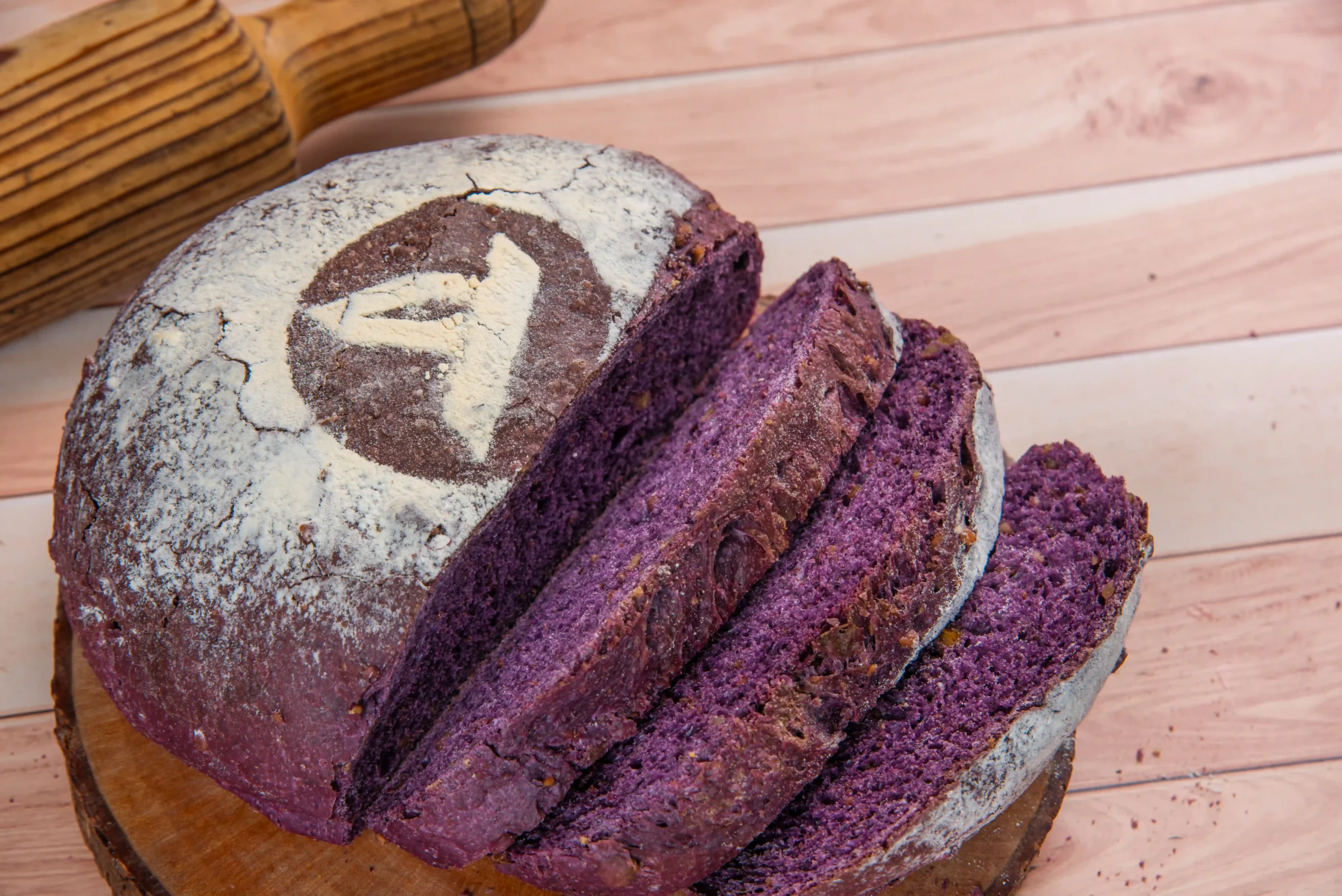 A sourdough loaf made from Astoria-ACES Philippine Ube Powder