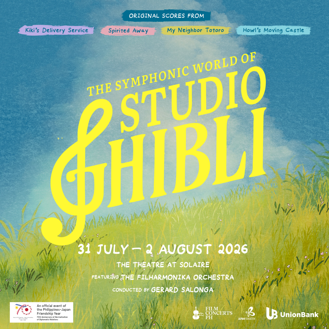 Poster advertising The Symphonic World of Studio Ghibli concert on July 31–August 2, 2026, set against a blue sky and grassy hill with event details and sponsors at the bottom.