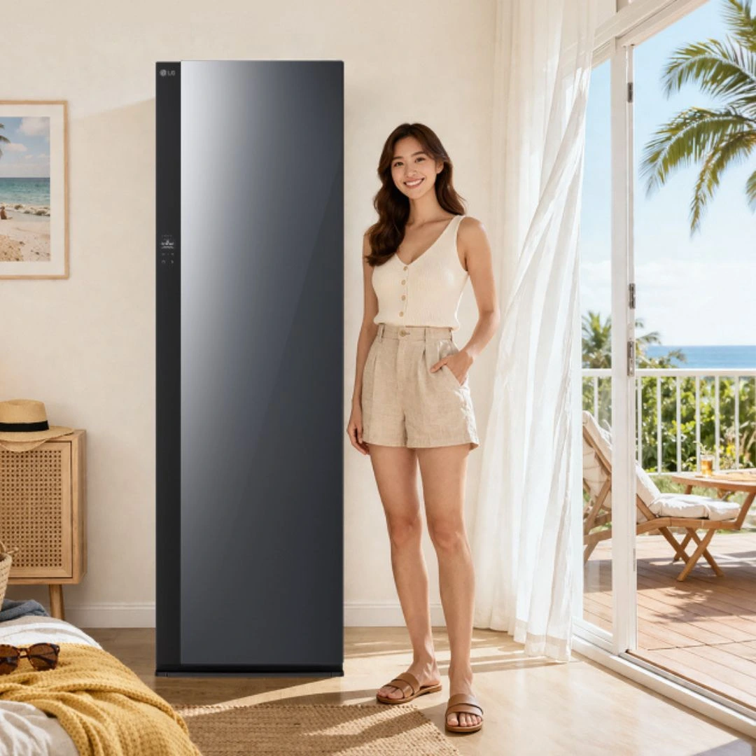 Woman standing next to a tall dark gray LG refrigerator in a bright room with a beach view outside the open doors.