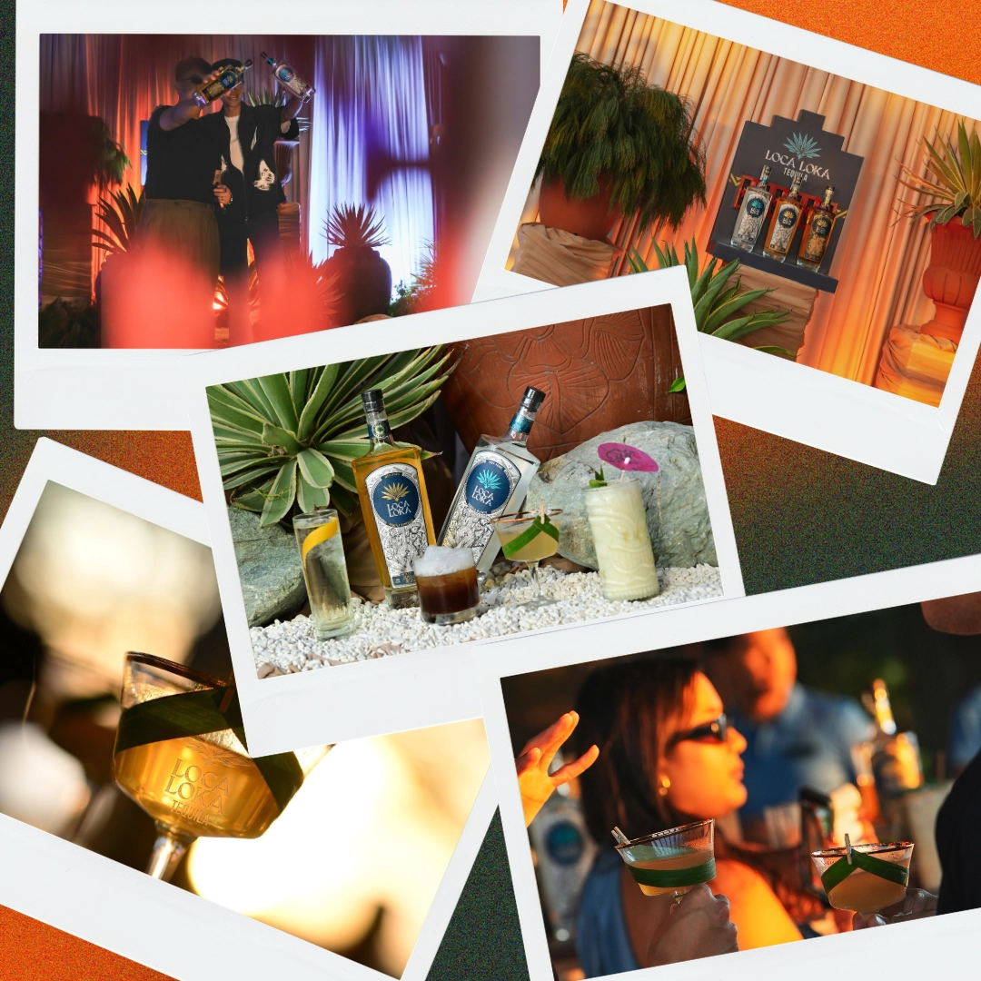 Collage of Polaroid-style photos from a tropical party: guests toasting with drinks, a bar display, and bottle setups amid plants and warm lighting.