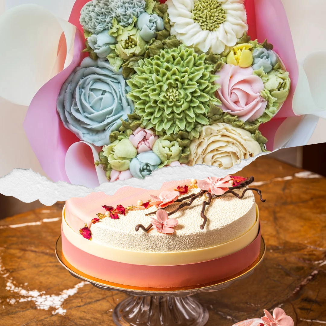 Pastel flower bouquet above a two-tone pink and cream cake, with a torn paper seam between them.