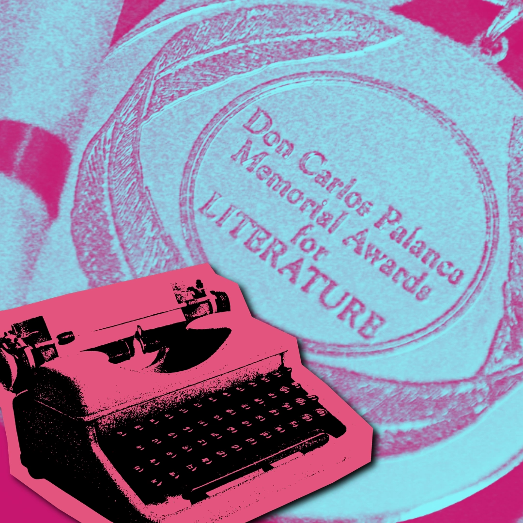 Bright pink and cyan pop-art collage featuring a vintage typewriter overlapped by a circular badge with embossed text, suggesting writing and a prize theme (decorative image).